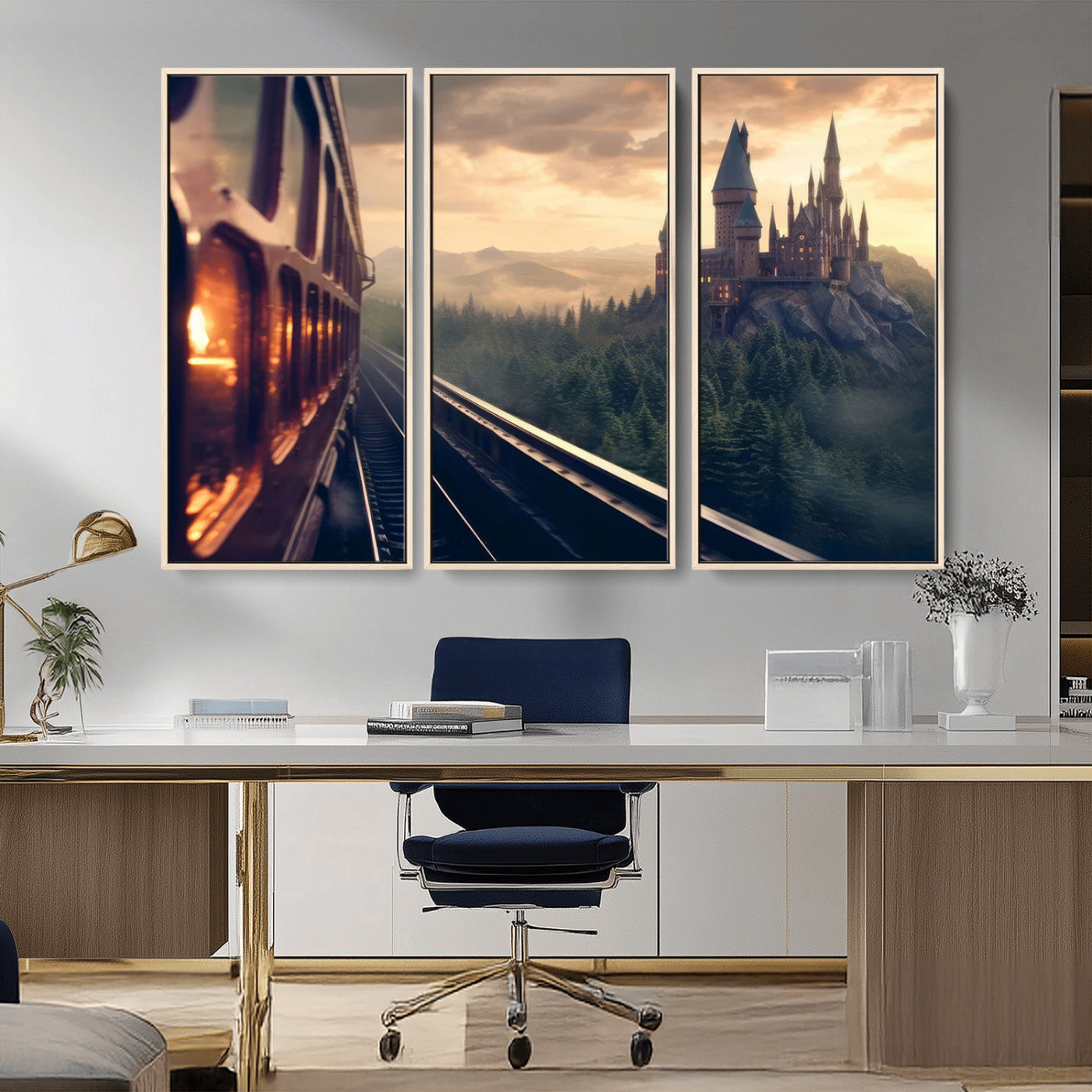 84029-MGV-CV-36X24-Fantasy Castle Wall Art – Magical Train Sunset Forest Canvas Print, Enchanted Landscape Painting Poster for Living Room, Bedroom,