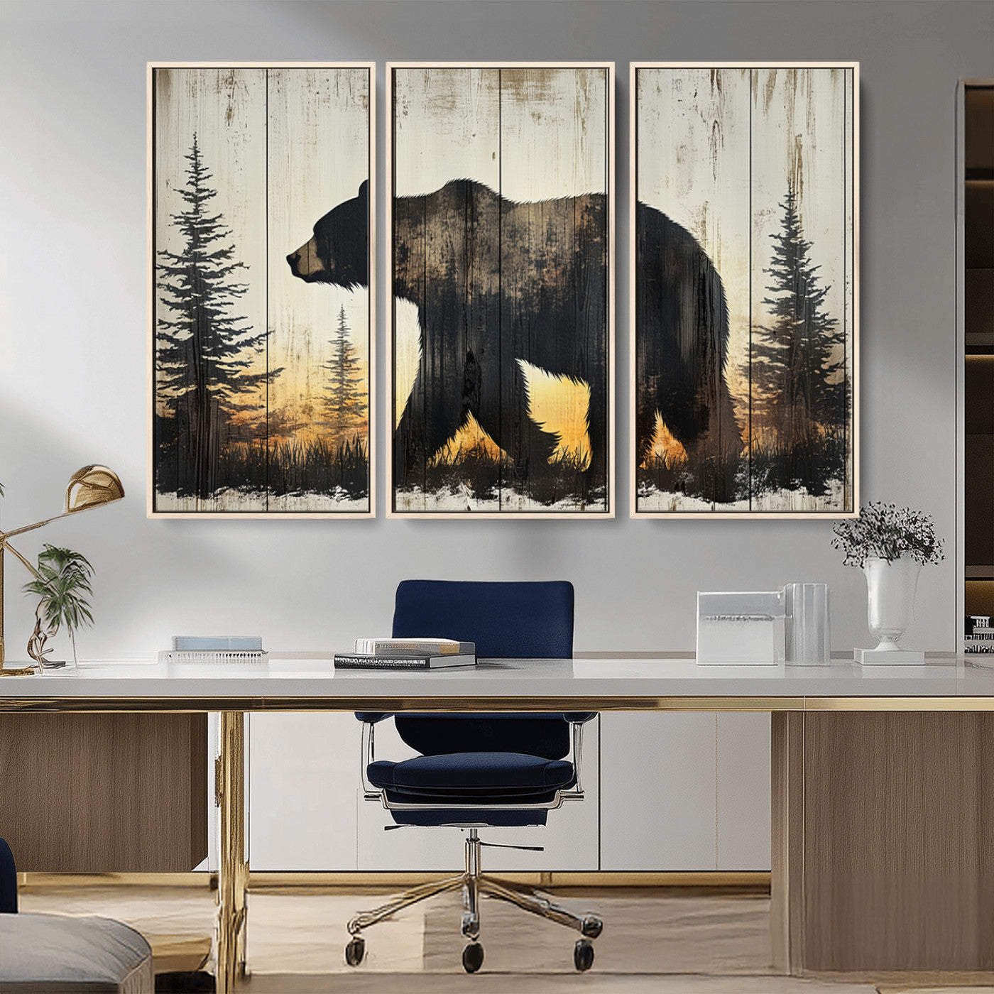83875-MGV-CV-36X24-Sunset Bear Wall Art – Rustic Wildlife Canvas Print with Forest Silhouette, Cabin Lodge Decor for Living Room or Office