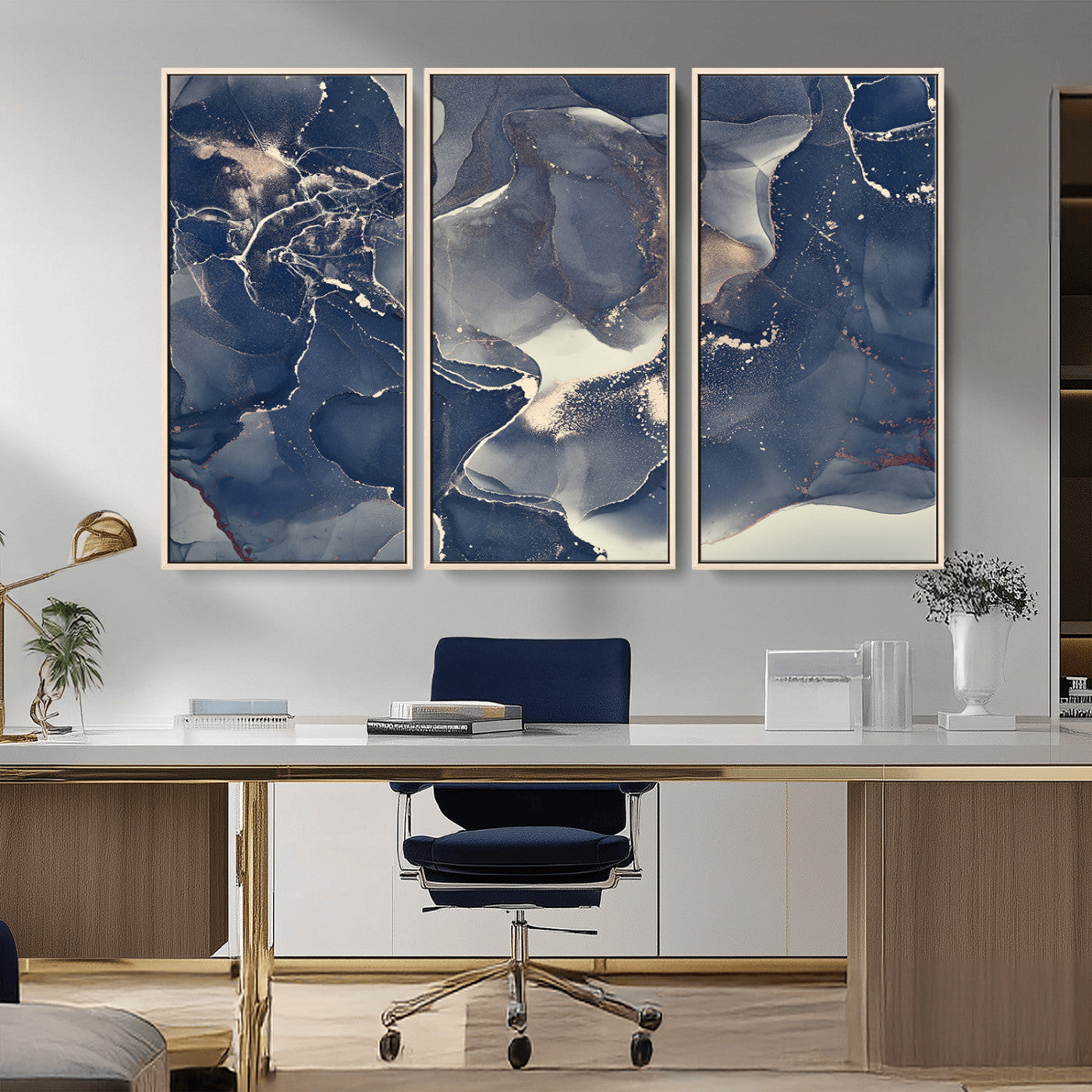 28282-MGV-CV-36X24-Blue Abstract Wall Art – Modern Ink Swirl Canvas Print, Contemporary Navy and Gold Painting for Living Room, Bedroom, Office or