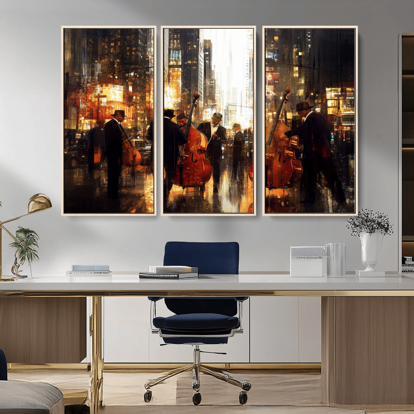 58782-MGV-CV-36X24-Jazz Musicians Cityscape Wall Art – Vibrant Urban Night Canvas Print, Elegant Music Themed Decor for Living Room, Office, or Music