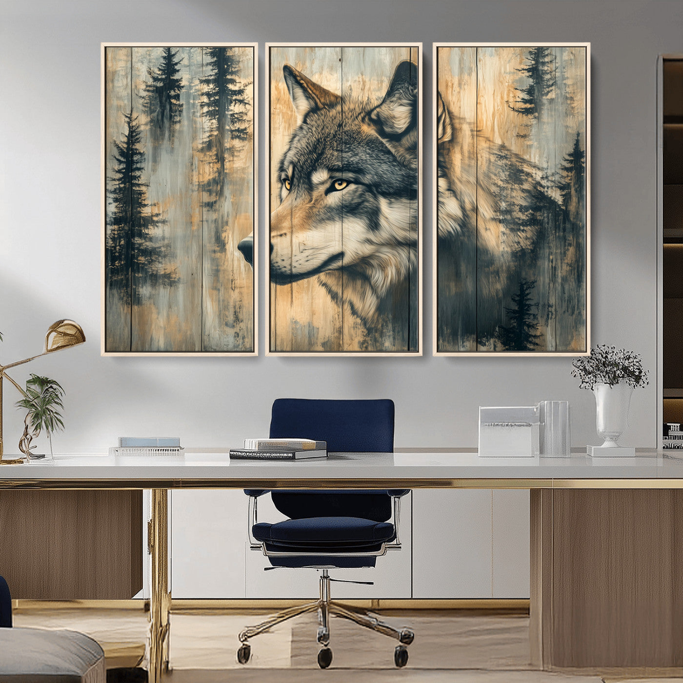 51892-MGV-CV-36X24-Wolf Wall Art – Rustic Canvas Print of Wolf with Forest Trees on Wood Texture, Wildlife Lodge Artwork for Living Room, Bedroom,