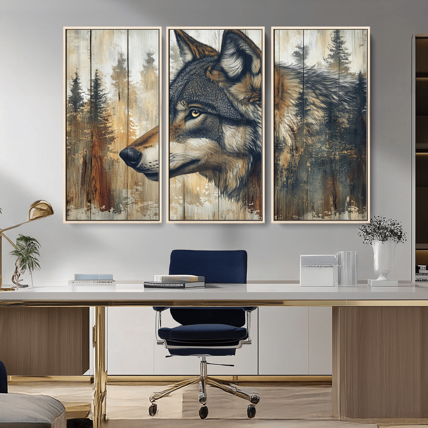 91882-MGV-FC-48X32-3P_Natural-Wolf Wall Art – Rustic Canvas Print of Forest Wolf on Wood Background, Wildlife Lodge Artwork for Living Room, Bedroom, Cabin, or