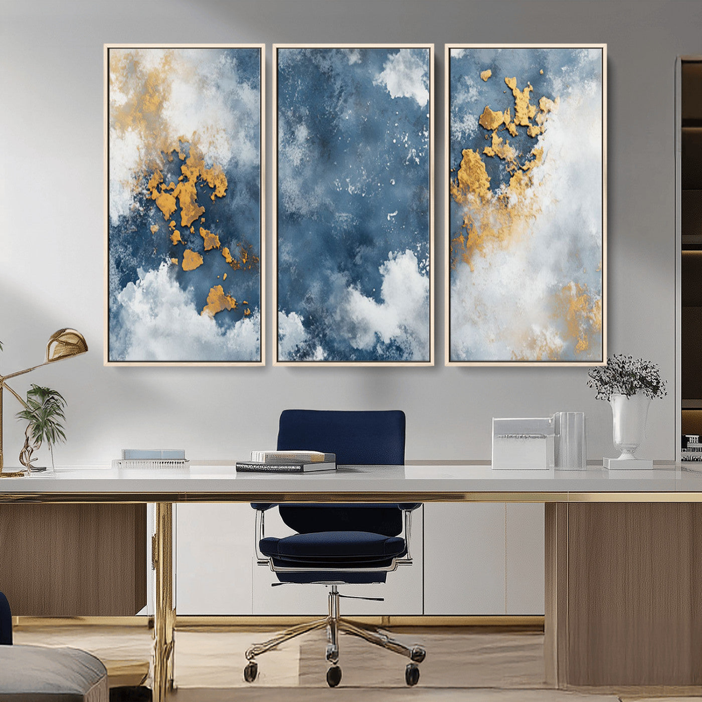 39575-MGV-CV-36X24-Blue and Gold Abstract Wall Art – Modern Canvas Print Featuring Cloudy Textures with Metallic Accents, Contemporary Artwork for