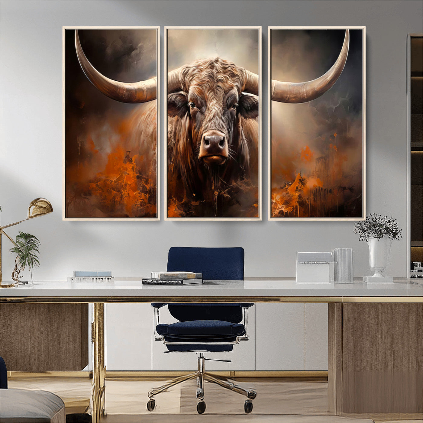 240479-MGV-CV-36X24-Longhorn Bull Wall Art – Dramatic Western Canvas Print Featuring Horned Bull with Fiery Background, Rustic Farmhouse Artwork for