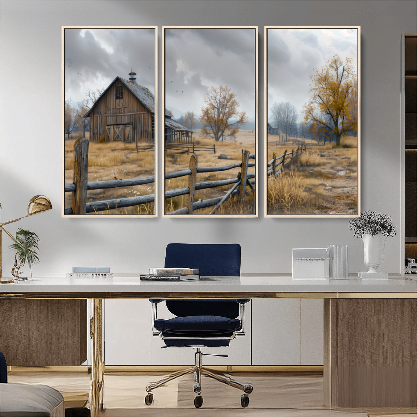 Farm1-MGV-CV-36X24-Rustic Autumn Farmhouse Wall Art – Serene Countryside Scene Canvas Print, Weathered Barn and Autumn Trees Decor for Living Room,
