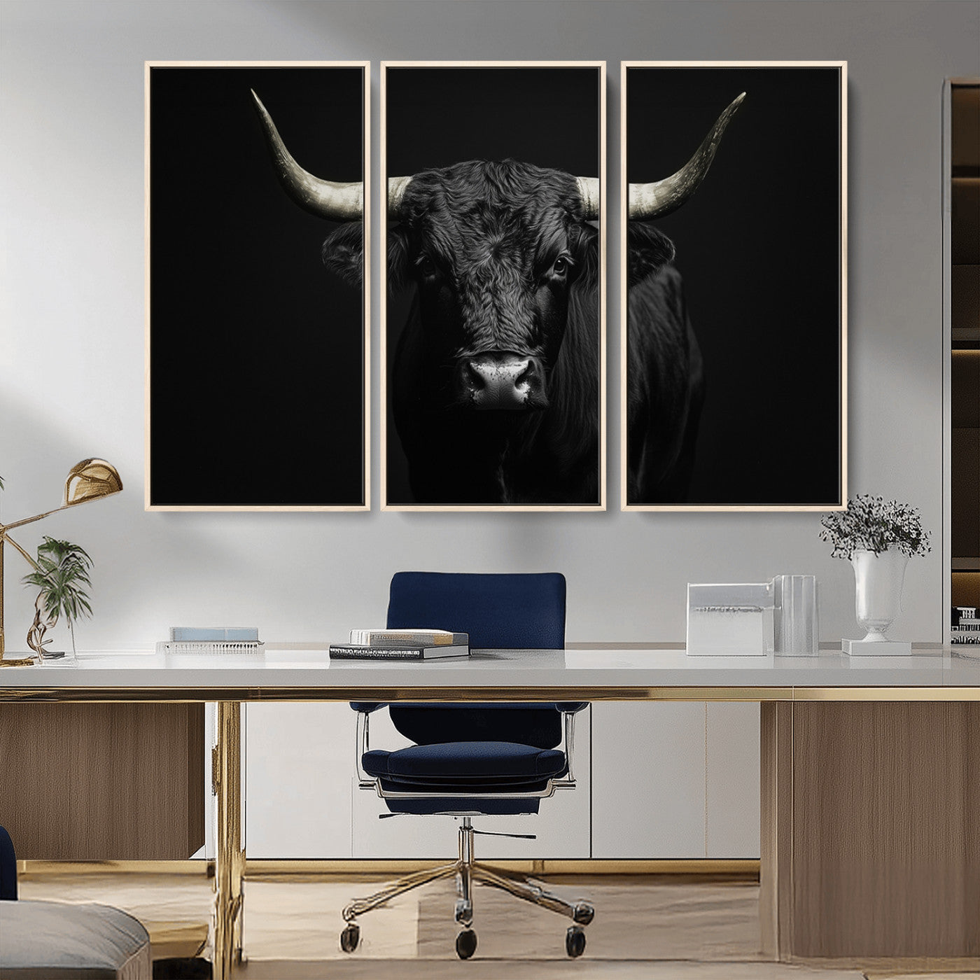 97914921-MGV-CV-36X24-Black Bull Wall Art Canvas Print, Framed Longhorn Bull Art Picture Print, Western Bull Perfect Monochrome Western Decor Artwork