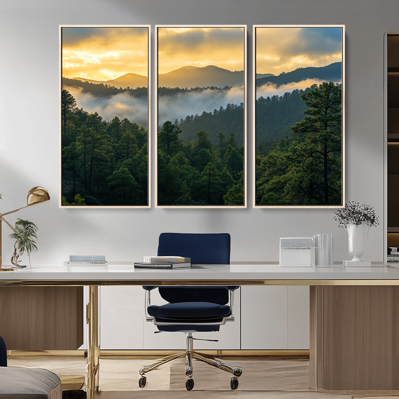 68082278-MGV-CV-36X24-Mountain Sunrise Wall Art Canvas Print, Framed Pine Forest Art Picture Print, Misty Mountains Perfect Earthy Woodland Decor