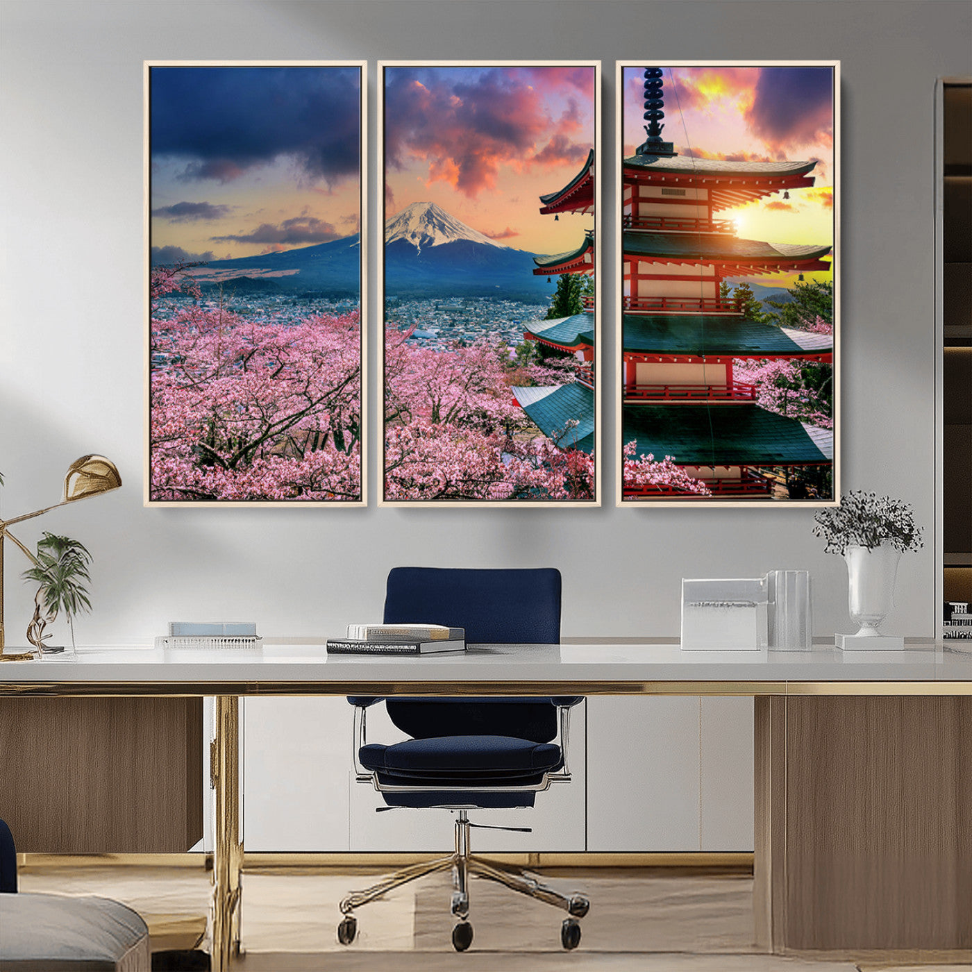32331262-MGV-CV-36X24-Mount Fuji Japan Wall Art – Cherry Blossom Landscape Canvas Print, Chureito Pagoda Sunset Photography, Japanese Nature Travel