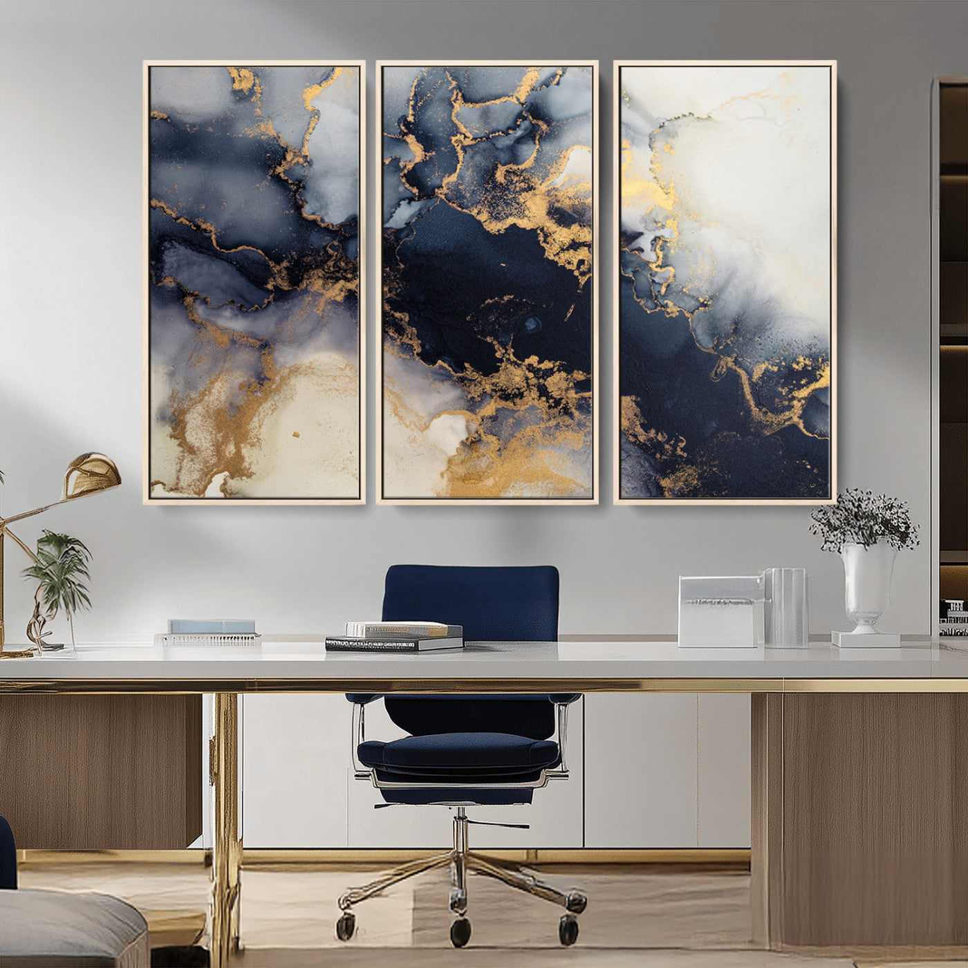 41136487-MGV-FC-48X32-3P_Natural-Black Marble Wall Art Canvas Print, Framed Gold Veins Art Picture Print, Abstract Texture Perfect Moody Luxe Decor Artwork