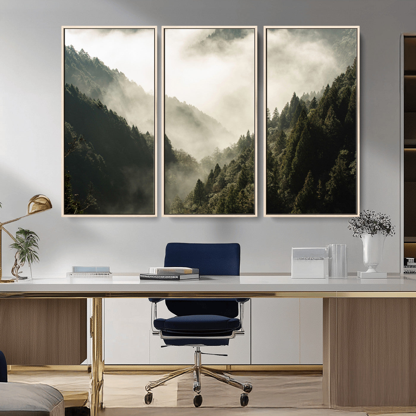 57570237-MGV-CV-36X24-Misty Valley Wall Art Canvas Print, Framed Foggy Forest Art Picture Print, Pine Trees Perfect Moody Woodland Decor Artwork