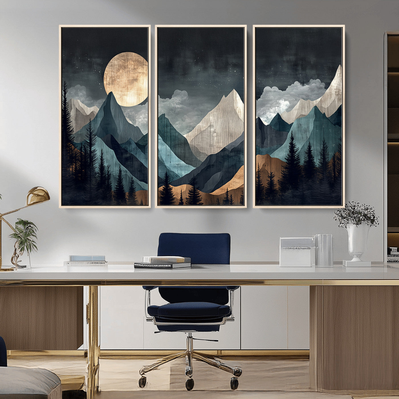 11060882-MGV-CV-36X24-Moonlit Mountains Wall Art Canvas Print, Framed Forest Silhouette Art Picture Print, Night Landscape Perfect Modern Forest Decor
