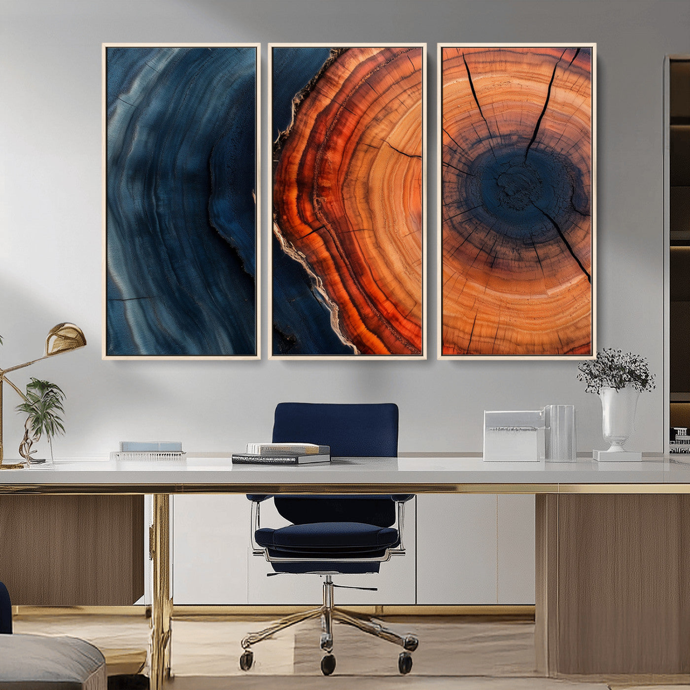 57732250-MGV-CV-36X24-Tree Ring Abstract Wall Art – Blue Orange Wood Grain Canvas Print, Modern Rustic Nature Artwork for Living Room, Office,