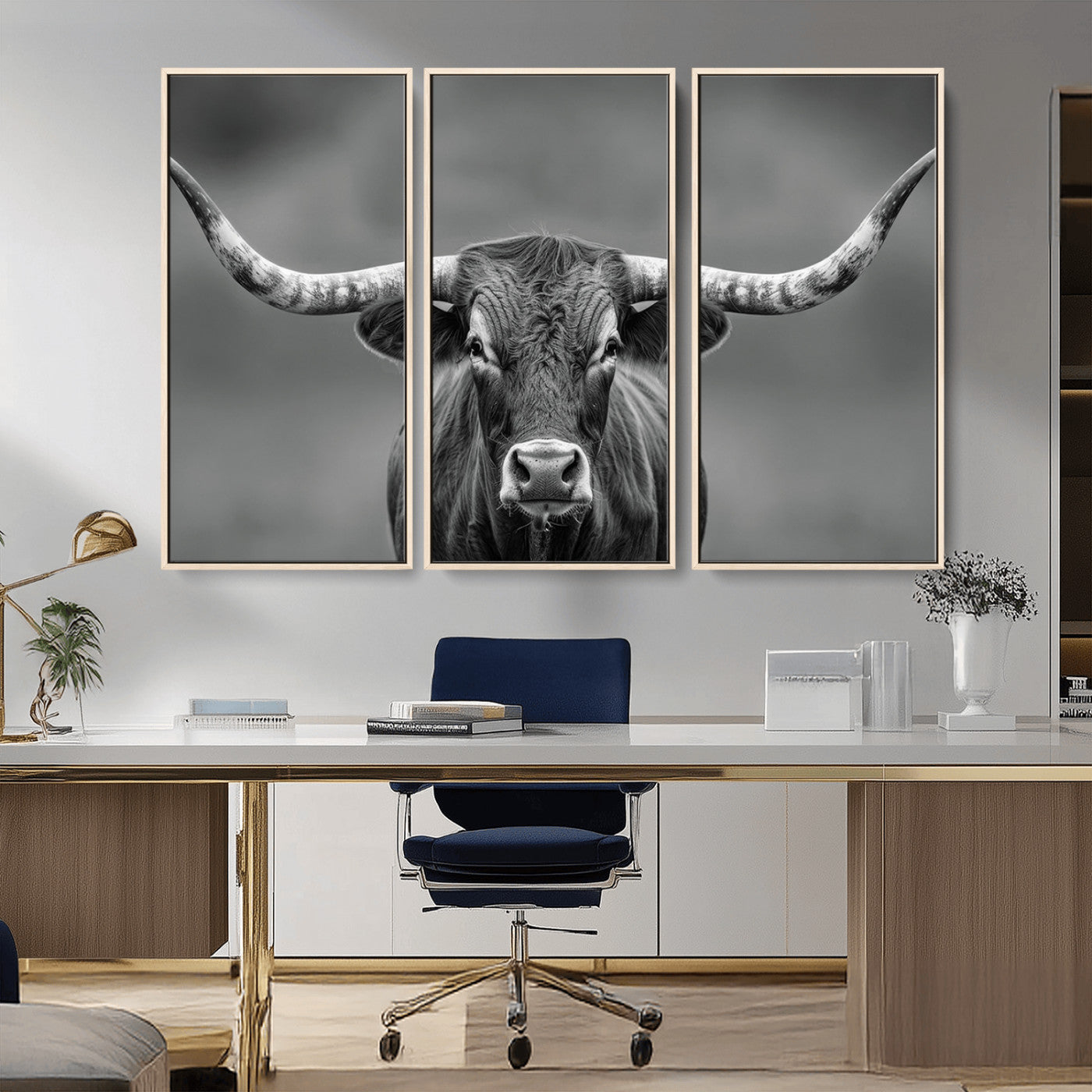 81228550-MGV-CV-36X24-Framed Texas Longhorn Bull Art Canvas Print, Western Bull Wall Art Print, Long Horn Bull Photo Print for Log Cabin, Large Bull