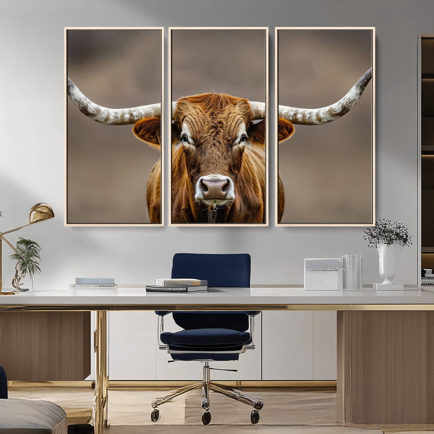 12179171-MGV-CV-36X24-Texas Longhorn Wall Art Canvas Print, Framed Brown Bull Art Picture Print, Lone Cattle Perfect Rustic Western Decor Artwork