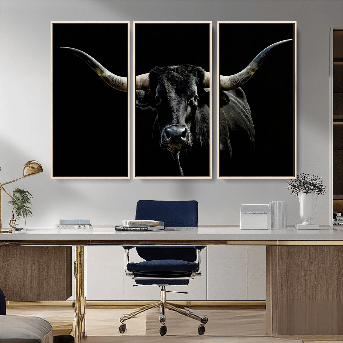 37531960-MGV-CV-36X24-Black Longhorn Bull Wall Art – Dramatic Western Cattle Canvas Print, Rustic Farmhouse Animal Artwork for Living Room, Bedroom,
