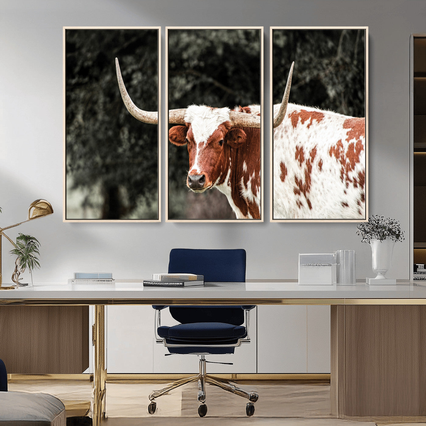 54027638-MGV-FC-48X32-3P_Natural-Texas Longhorn Wall Art Canvas Print, Framed Spotted Cow Art Picture Print, Horned Bull Perfect Rustic Western Decor Artwork
