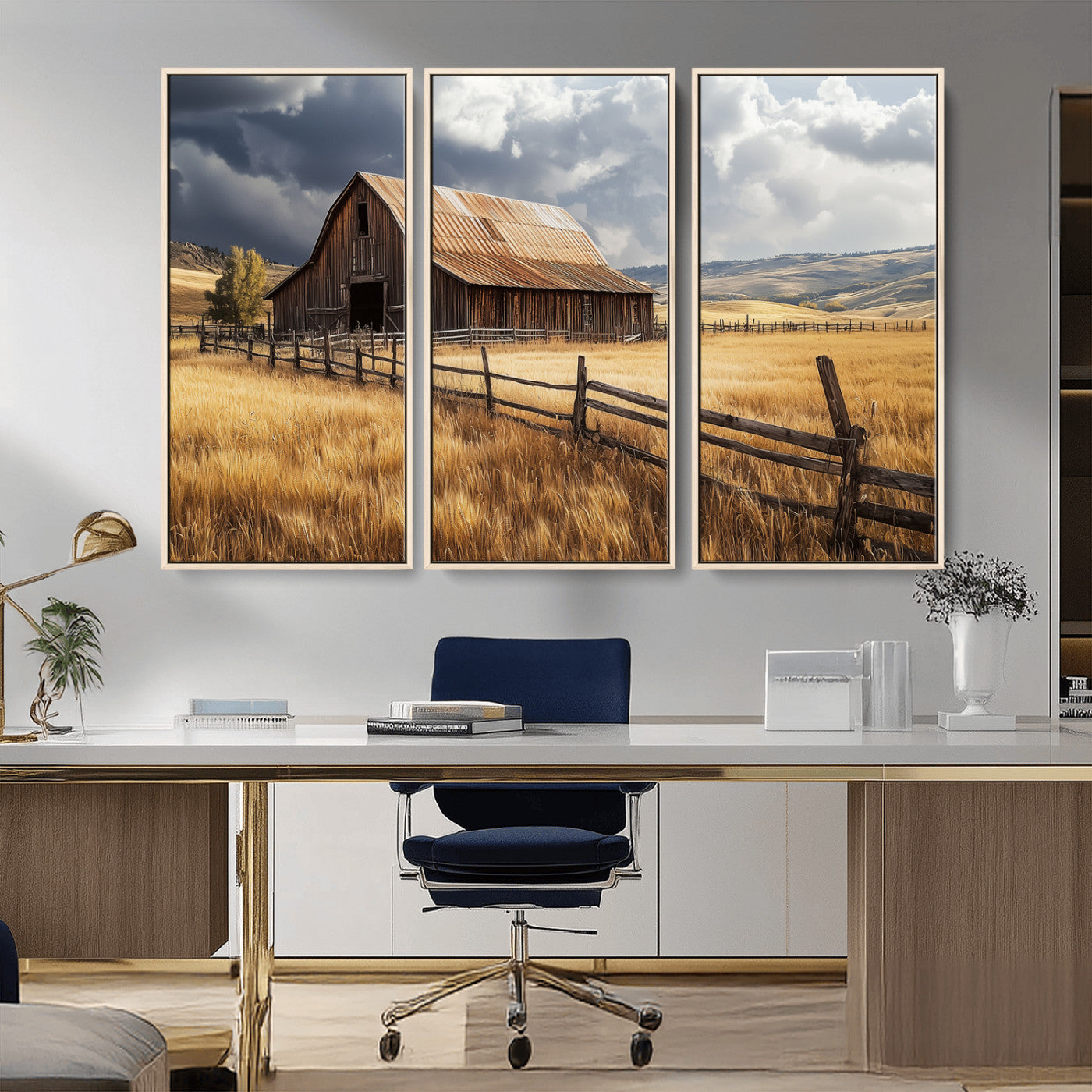 38758826-MGV-CV-36X24-Rustic Barn Wall Art Canvas Print, Framed Moody Barn Art Picture Print, Golden Field Perfect Rustic Farmhouse Decor Artwork