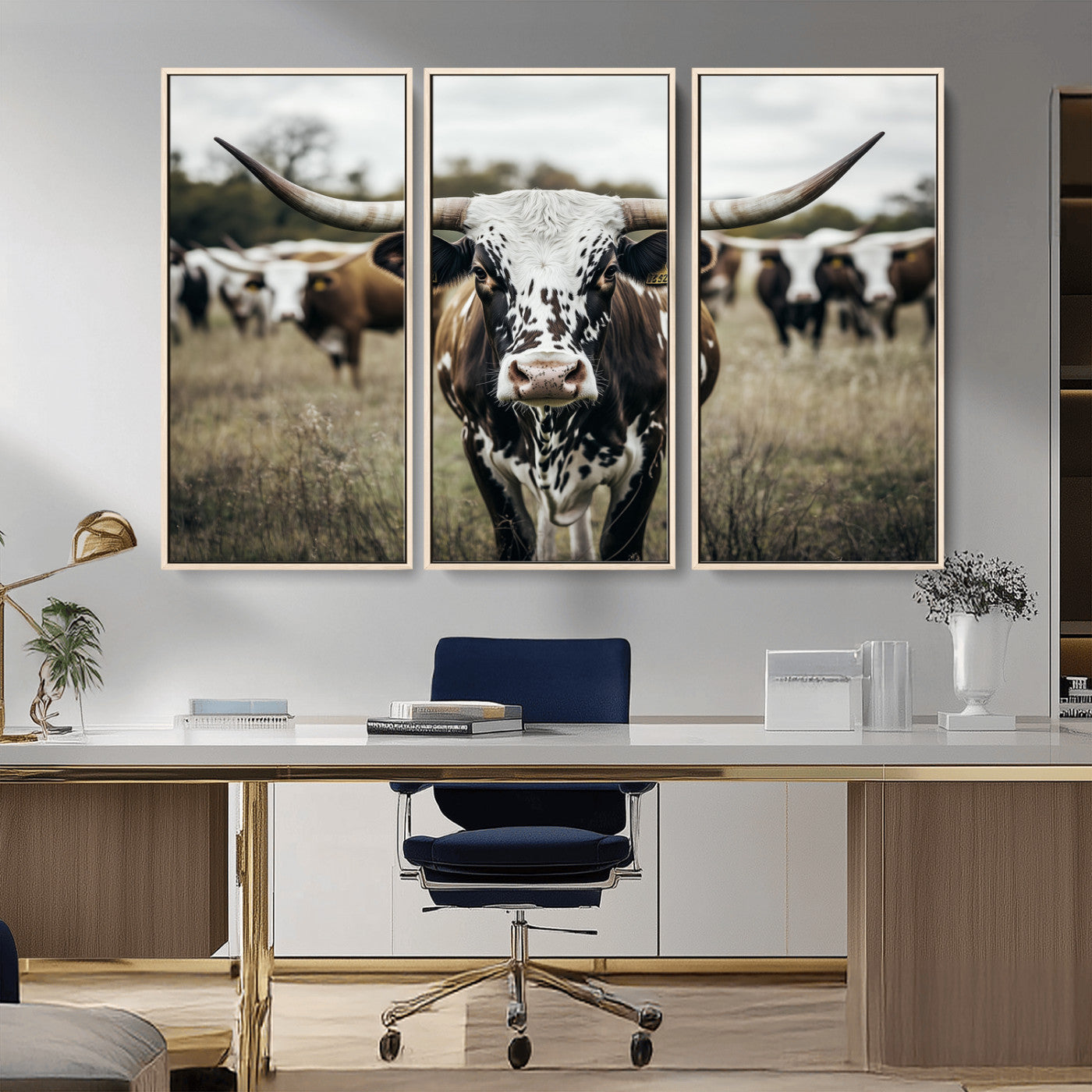 79025945-MGV-CV-36X24-Texas Longhorn Wall Art Canvas Print, Framed Speckled Cow Art Picture Print, Horned Cattle Perfect Rustic Western Decor Artwork