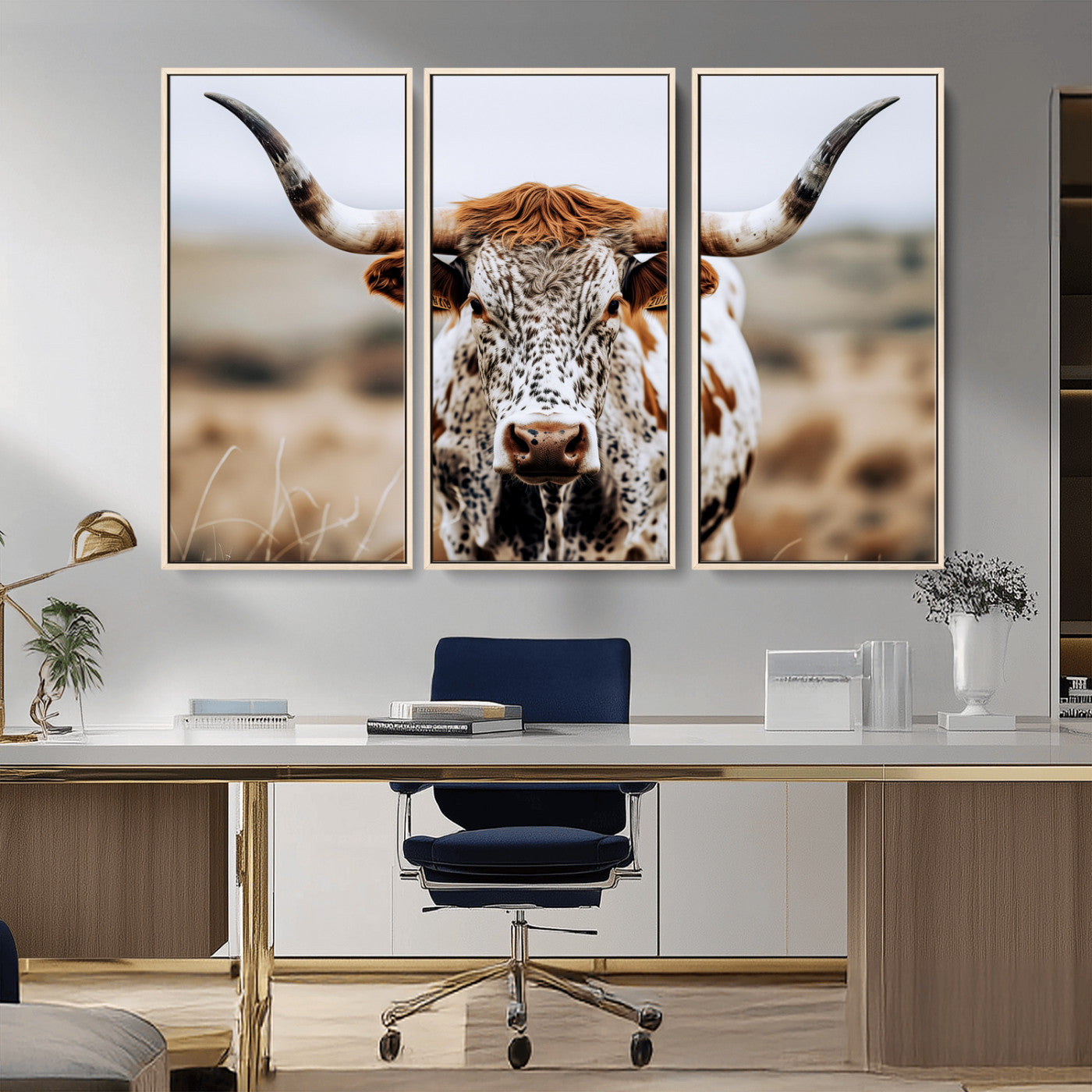 76294381-MGV-CV-36X24-Texas Longhorn Wall Art Canvas Print, Framed Spotted Cow Art Picture Print, Horned Cattle Perfect Rustic Western Decor Artwork