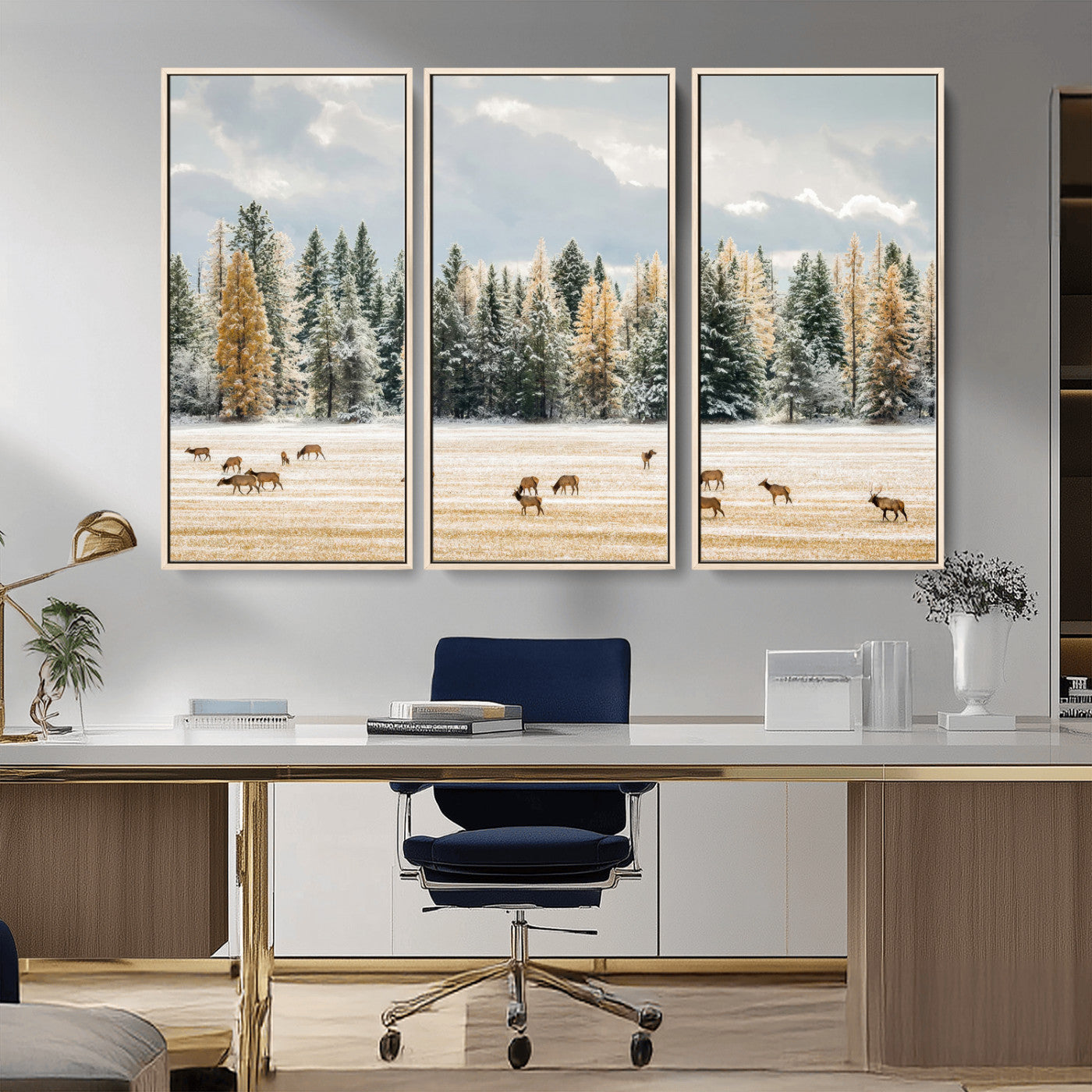 64188182-MGV-FC-48X32-3P_Natural-Elk Herd Wall Art Canvas Print, Framed Snowy Forest Art Picture Print, Forest Elks Perfect Neutral Rustic Decor Artwork
