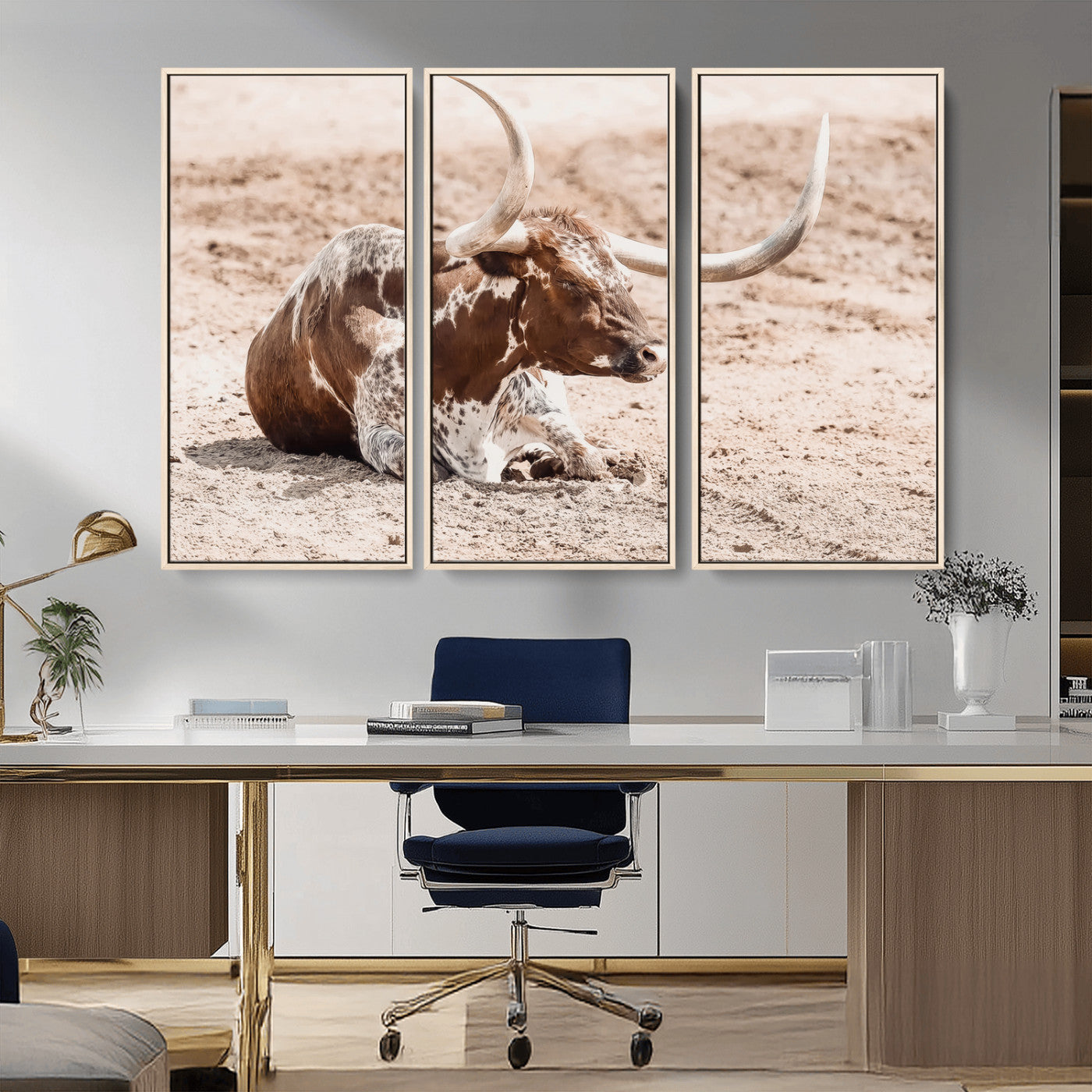 25407592-MGV-CV-36X24-Texas Longhorn Wall Art Canvas Print, Framed Resting Bull Art Picture Print, Spotted Cattle Perfect Rustic Western Decor Artwork