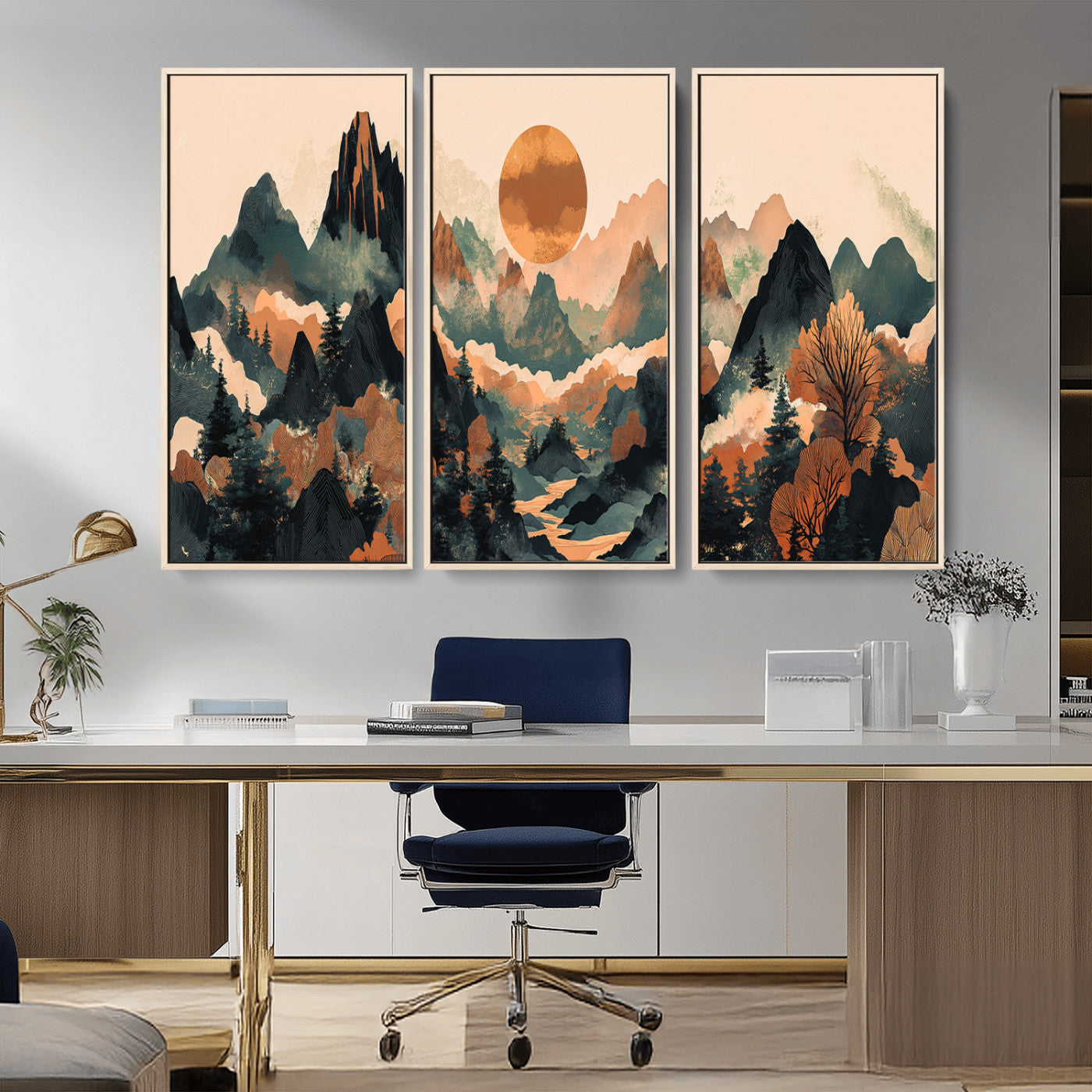 13012770-MGV-FC-48X32-3P_Natural-Mountain Landscape Wall Art – Modern Nature Canvas Print with Sun, Misty Peaks, and Forest in Orange and Green Tones for Living
