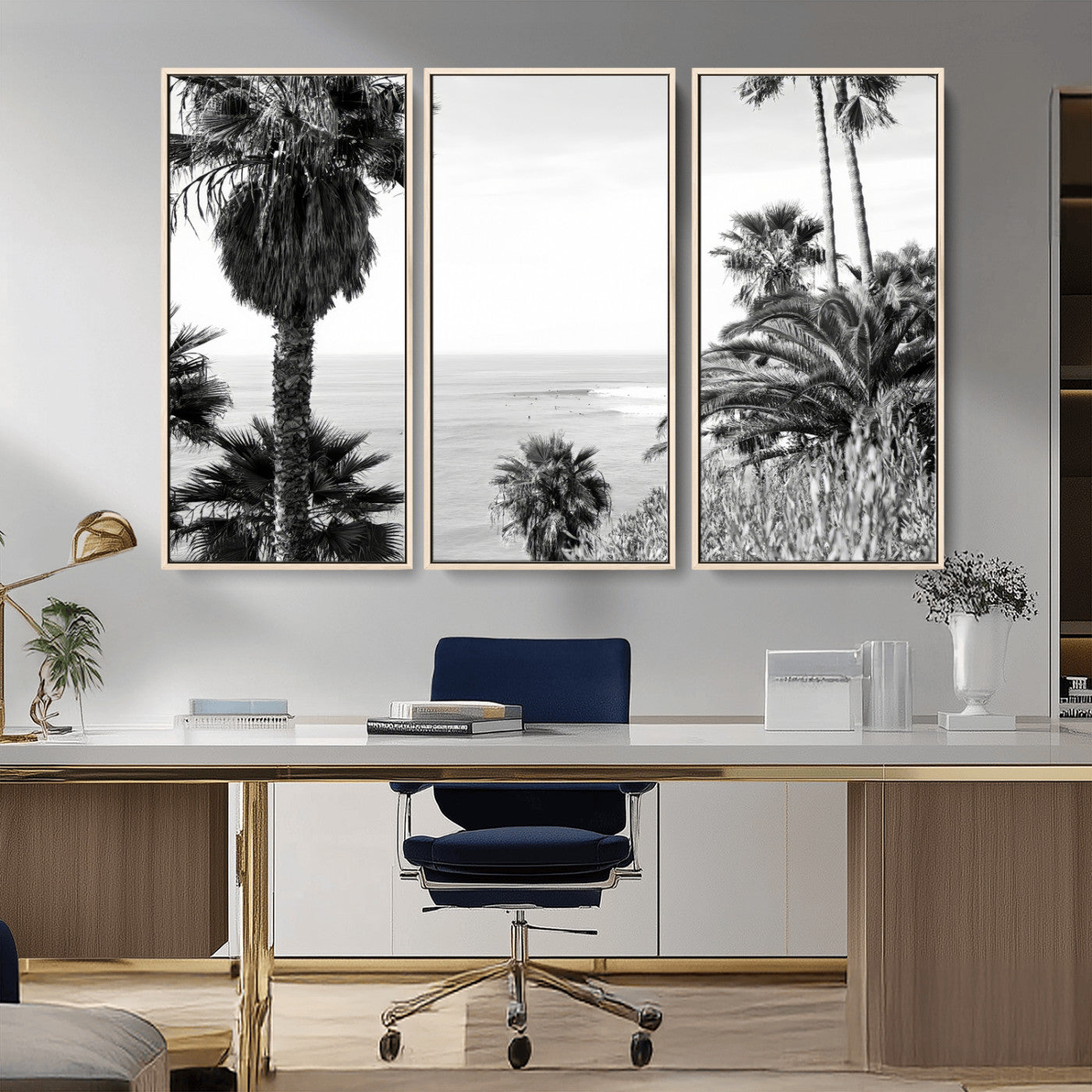 89458520-MGV-CV-36X24-Palm Trees Wall Art Canvas Print, Framed Coastal View Art Picture Print, Ocean Horizon Perfect Monochrome Coast Decor Artwork