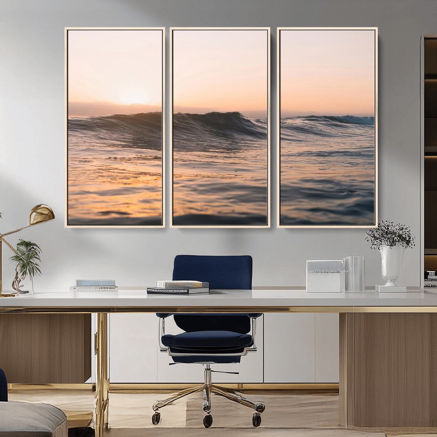 46299358-MGV-CV-36X24-Sunset Waves Wall Art Canvas Print, Framed Ocean Horizon Art Picture Print, Golden Water Perfect Golden Hour Coastal Decor Artwork