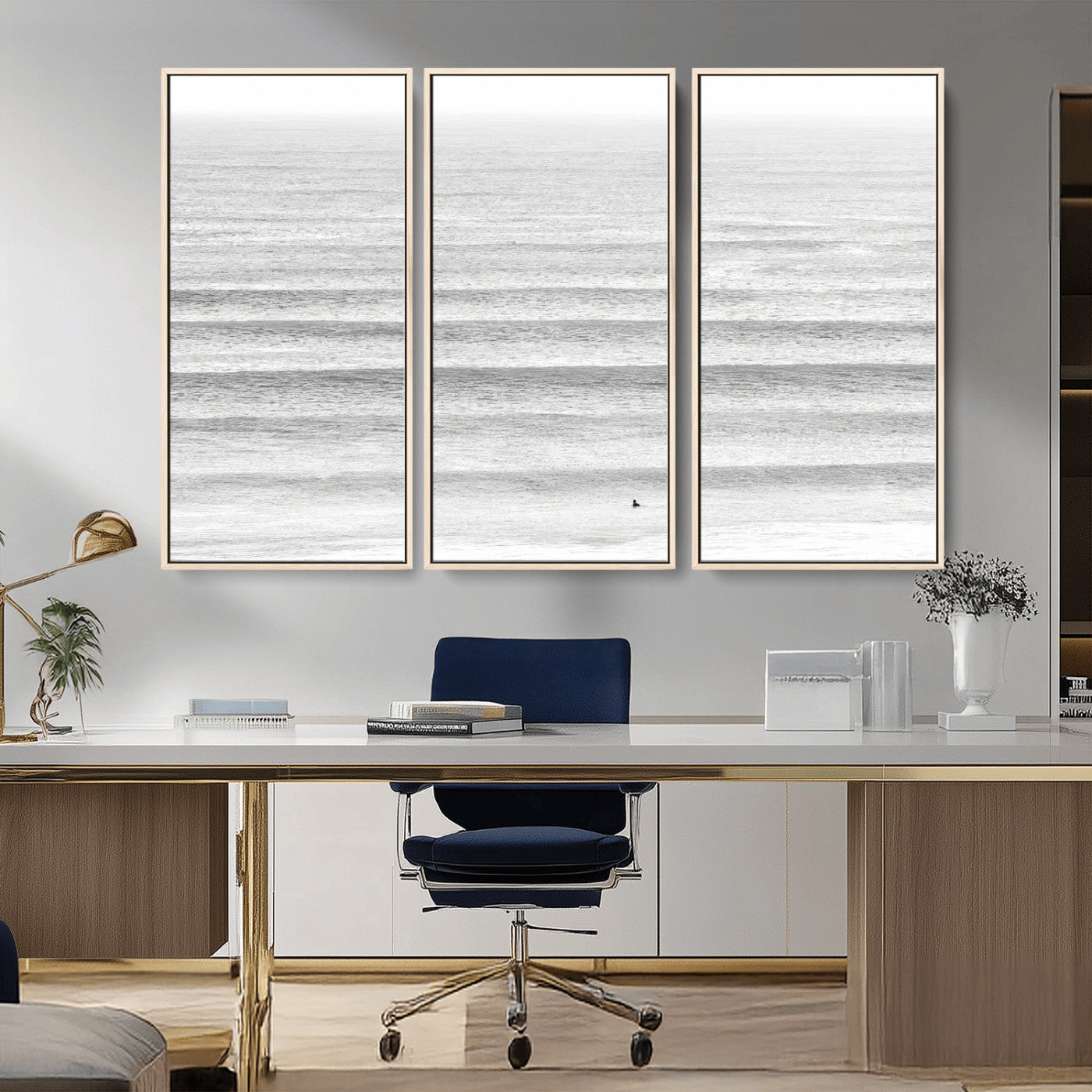 66534476-MGV-CV-36X24-Lone Surfer Wall Art Canvas Print, Framed Ocean Waves Art Picture Print, Minimal Sea Perfect Minimal Coastal Decor Artwork