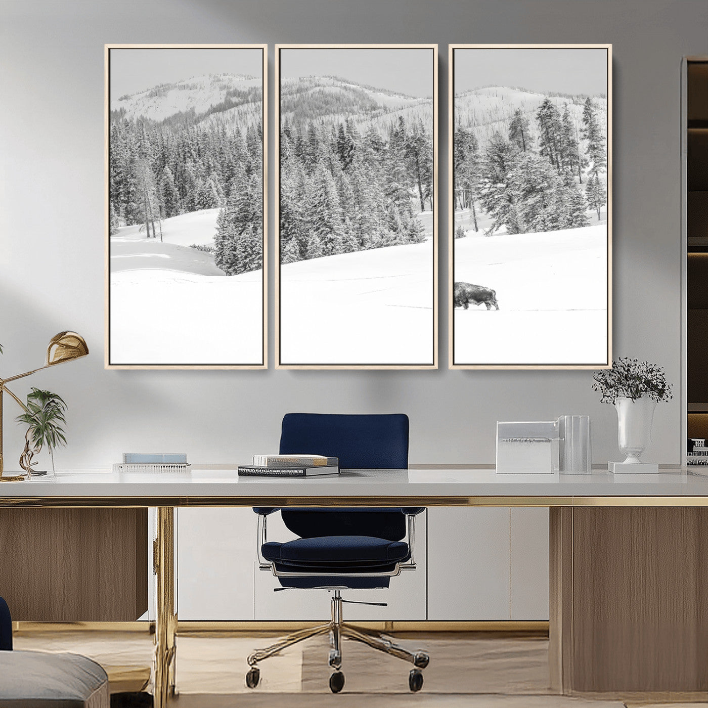 68081143-MGV-FC-48X32-3P_Natural-Snowy Bison Wall Art Canvas Print, Framed Winter Forest Art Picture Print, Lone Bison Perfect Monochrome Winter Wild Decor Artwork