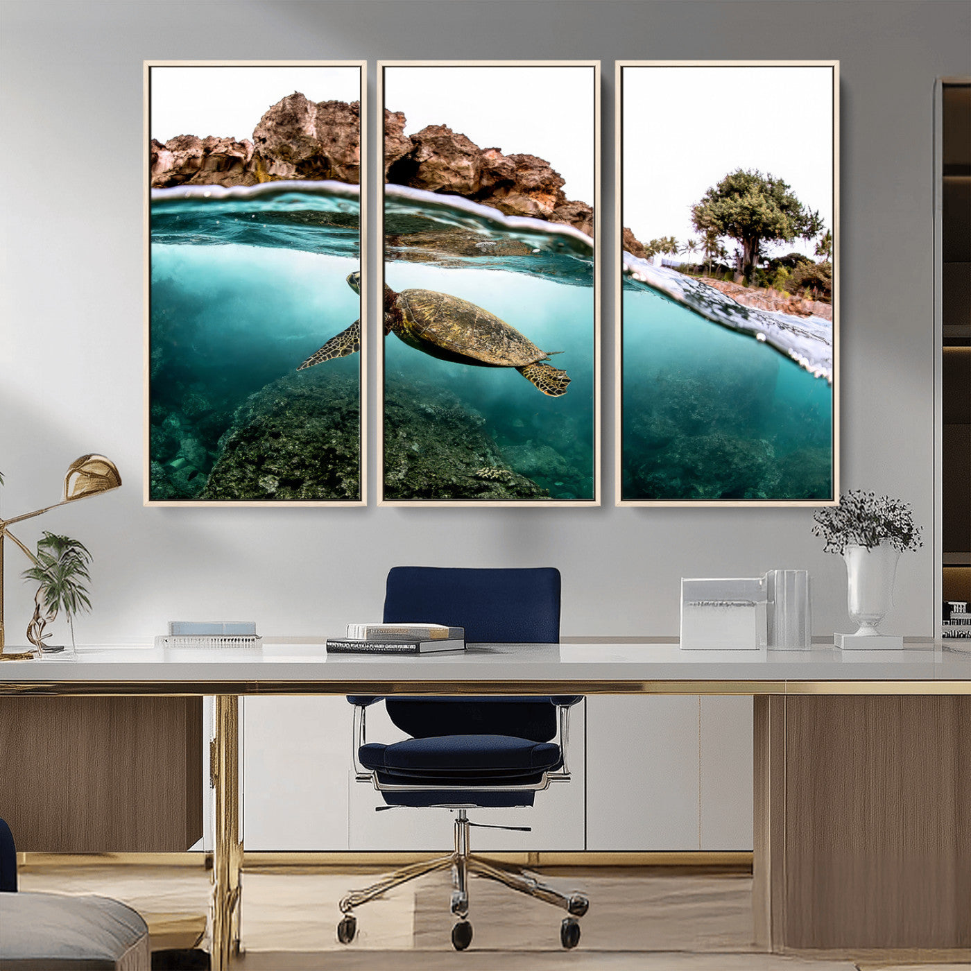 44200301-MGV-CV-36X24-Sea Turtle Swim Wall Art Canvas Print, Framed Ocean Life Art Picture Print, Tropical Shoreline Perfect Tropical Coastal Decor