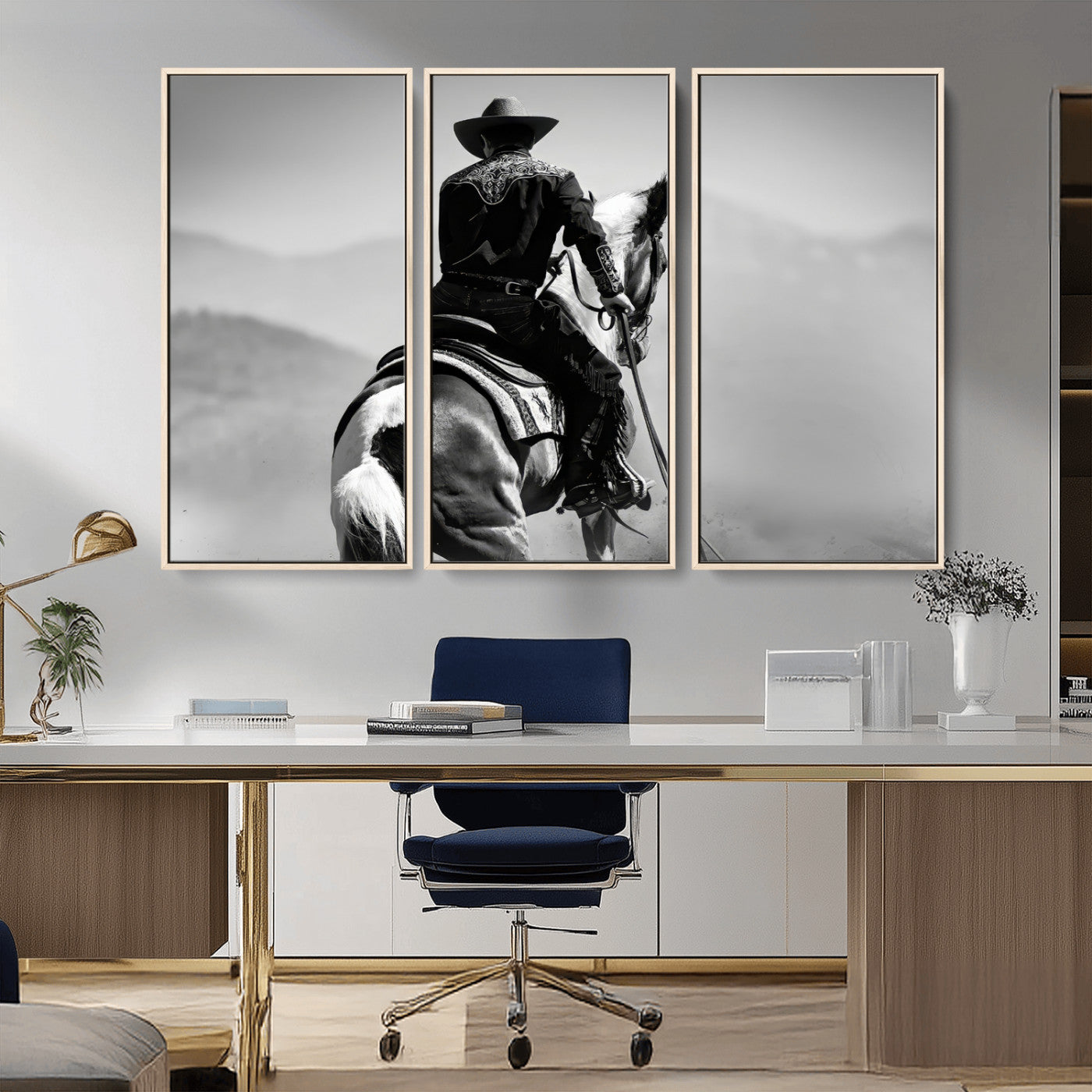 83102464-MGV-CV-36X24-Western Cowboy Wall Art Canvas Print, Framed Monochrome Horse Art Picture Print, Western Equestrian Perfect Rustic Western Decor