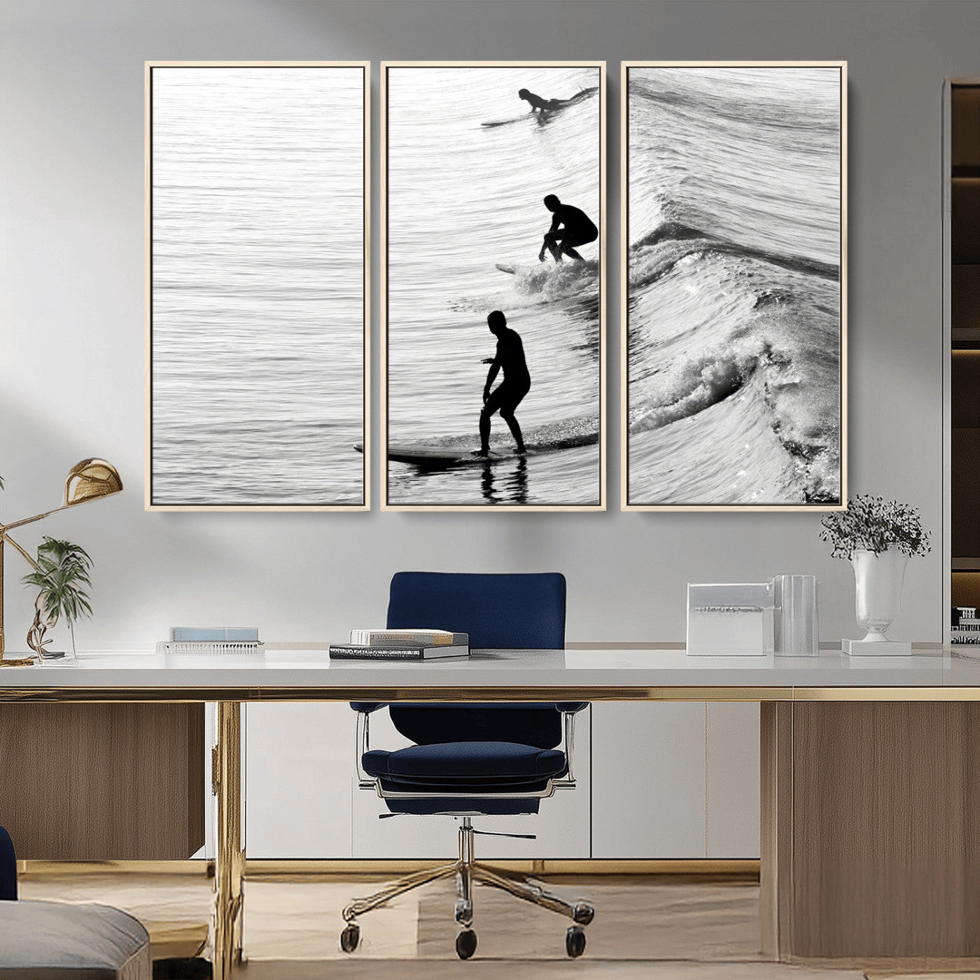 19875284-MGV-CV-36X24-Surfer Waves Wall Art Canvas Print, Framed Black White Surf Art Picture Print, Monochrome Ocean Perfect Modern Coastal Decor