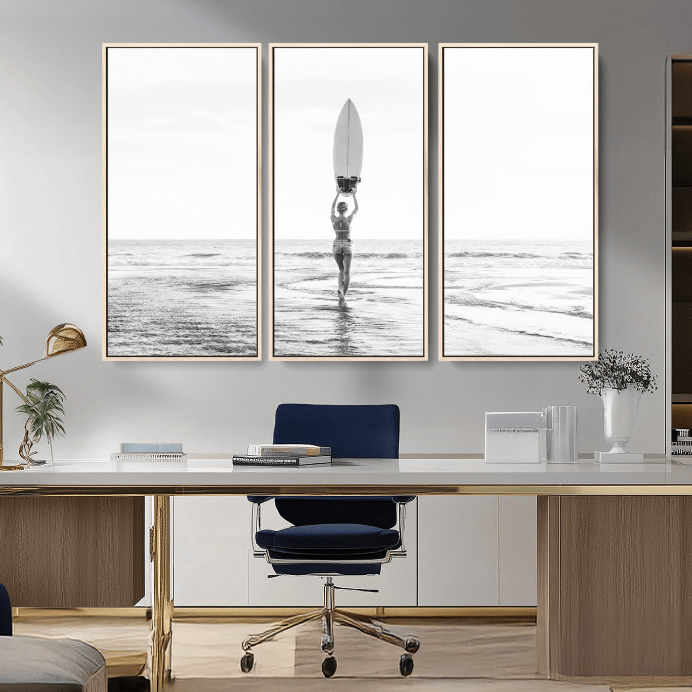 98446901-MGV-CV-36X24-Monochrome Surf Wall Art Canvas Print, Framed Minimalist Surfer Art Picture Print, Surfboard Silhouette Perfect Coastal Minimalist