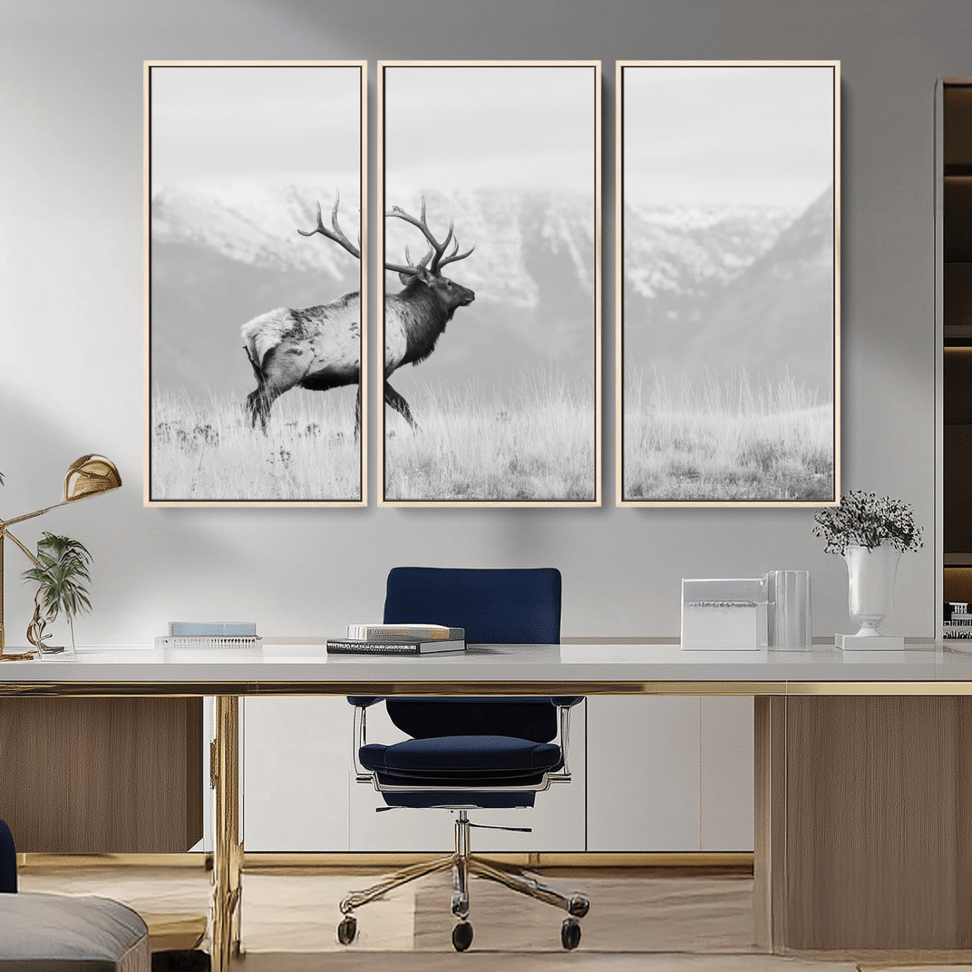 62278753-MGV-CV-36X24-Monochrome Elk Wall Art Canvas Print, Framed Mountain Wildlife Art Picture Print, Rustic Nature Perfect Rustic Minimalist Decor