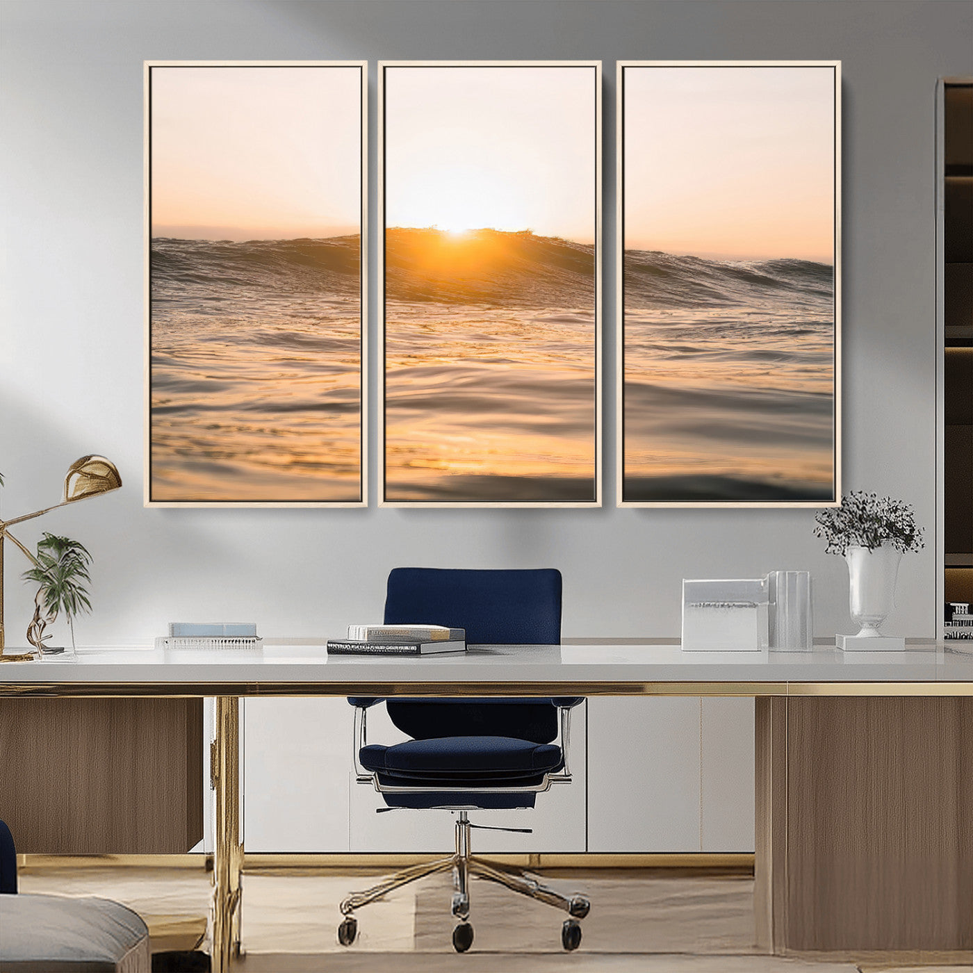 16973771-MGV-CV-36X24-Calm Water Wall Art Canvas Print, Framed Sunset Waves Art Picture Print, Coastal Warmth Perfect Warm Minimalist Decor Artwork