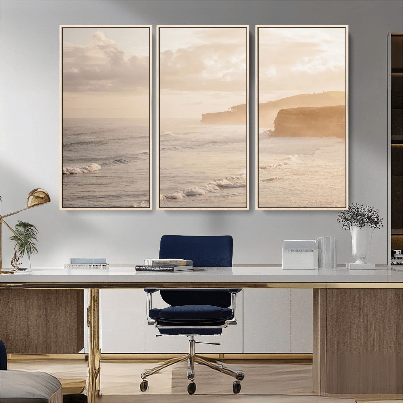 57669769-MGV-CV-36X24-Misty Coastal Wall Art Canvas Print, Framed Golden Sunset Art Picture Print, Serene Shoreline Perfect Tranquil Coastal Decor