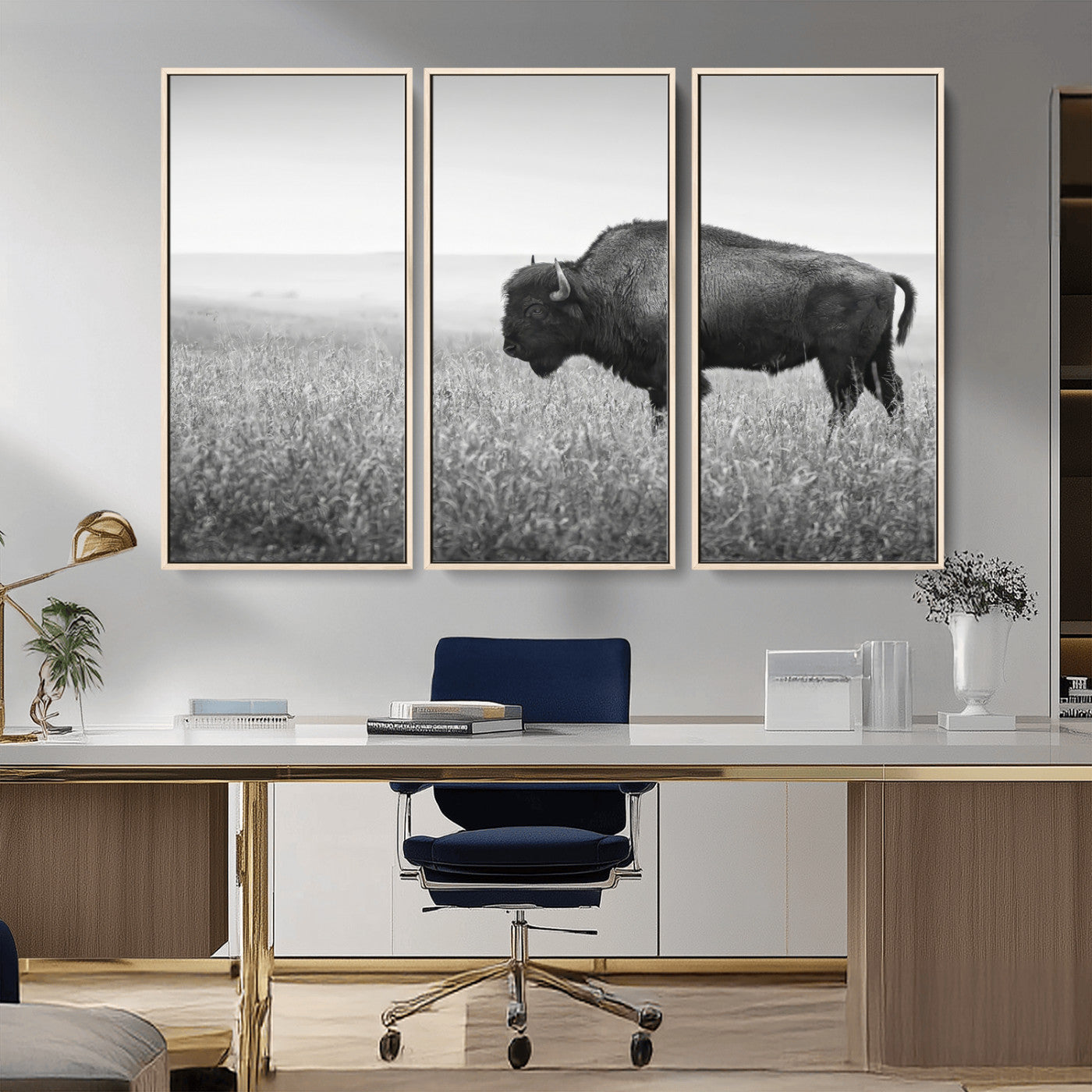 28435251-MGV-CV-36X24-Bison In Prairie Wall Art Canvas Print, Framed Rustic Wildlife Art Picture Print, Wild Buffalo Perfect Rustic Western Decor