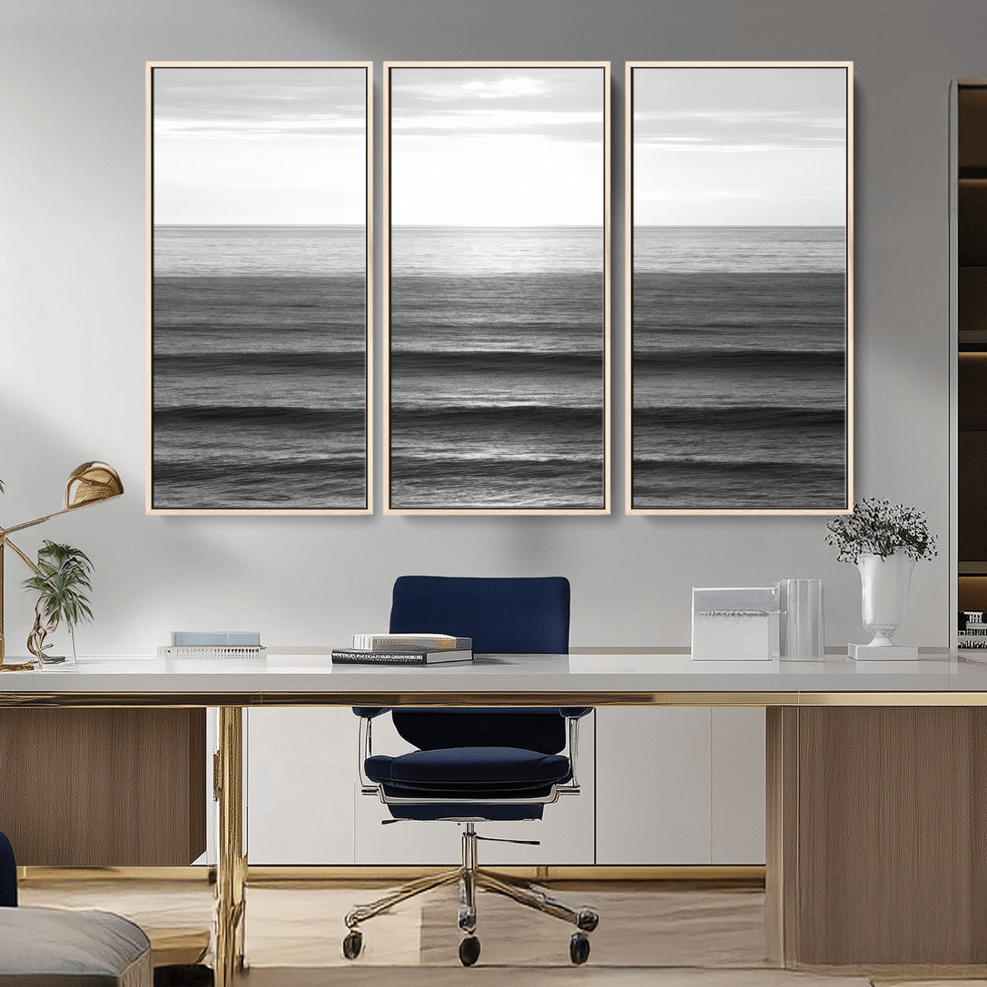 47305203-MGV-CV-36X24-Monochrome Ocean Wall Art Canvas Print, Framed Moody Ocean Art Picture Print, Calm Ocean Perfect Minimalist Coastal Decor Artwork