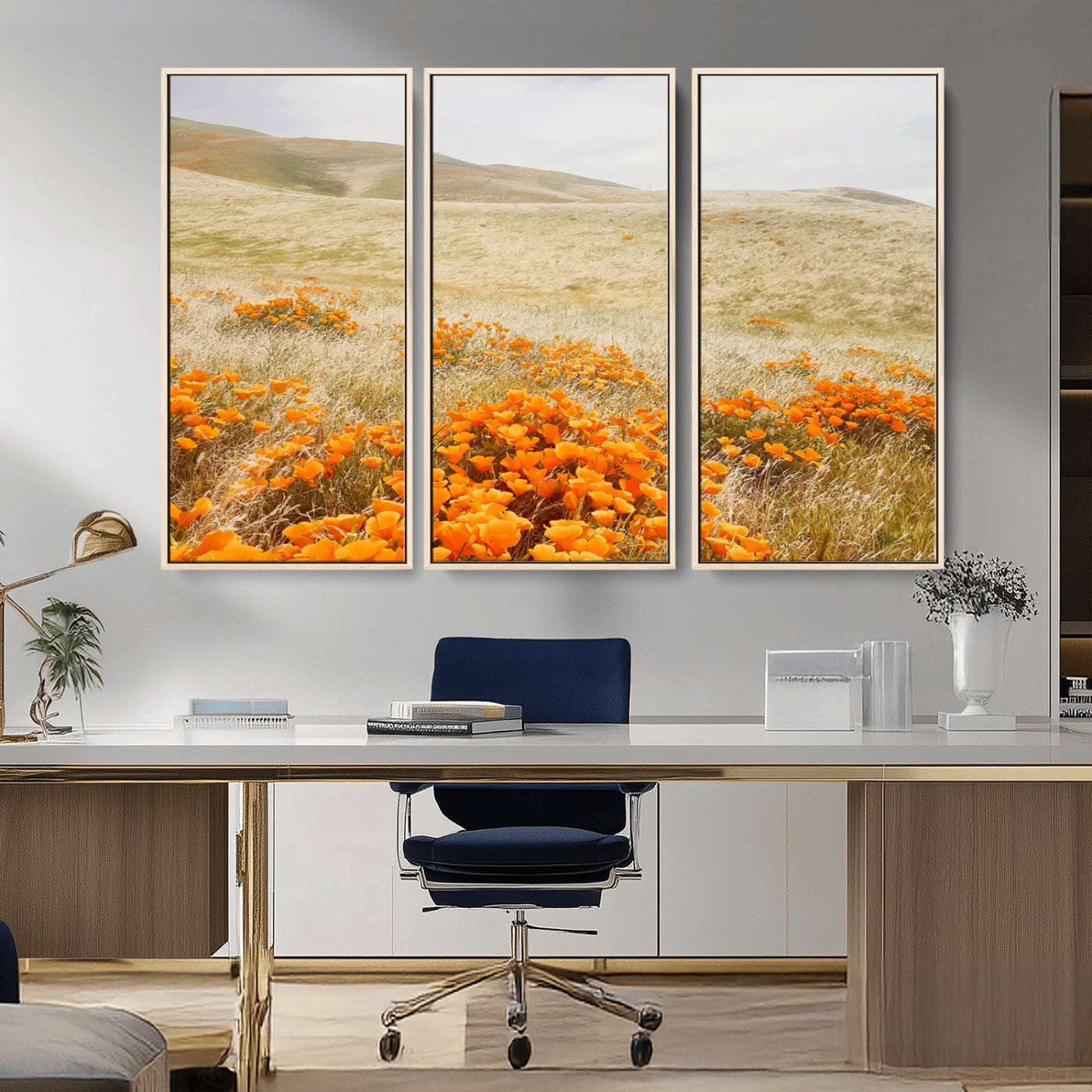28972262-MGV-FC-48X32-3P_Natural-Golden Wildflowers Wall Art Canvas Print, Framed Hills Bloom Art Picture Print, Poppy Meadow Perfect Rustic Nature Decor Artwork