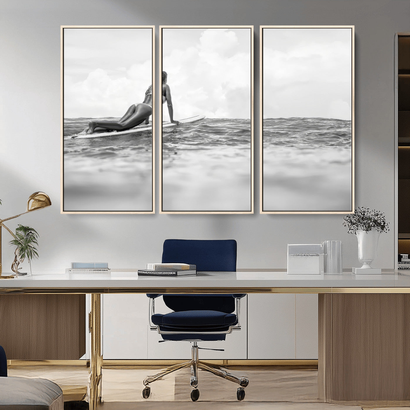 69798068-MGV-CV-36X24-Black White Surfing Wall Art Canvas Print, Framed Ocean Horizon Art Picture Print, Surfer Girl Perfect Coastal Adventure Decor