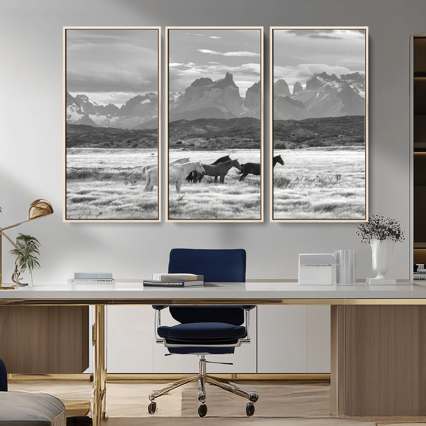 21655040-MGV-CV-36X24-Wild Horses Wall Art Canvas Print, Framed Black White Mountains Art Picture Print, Rustic Countryside Perfect Rustic Western Decor