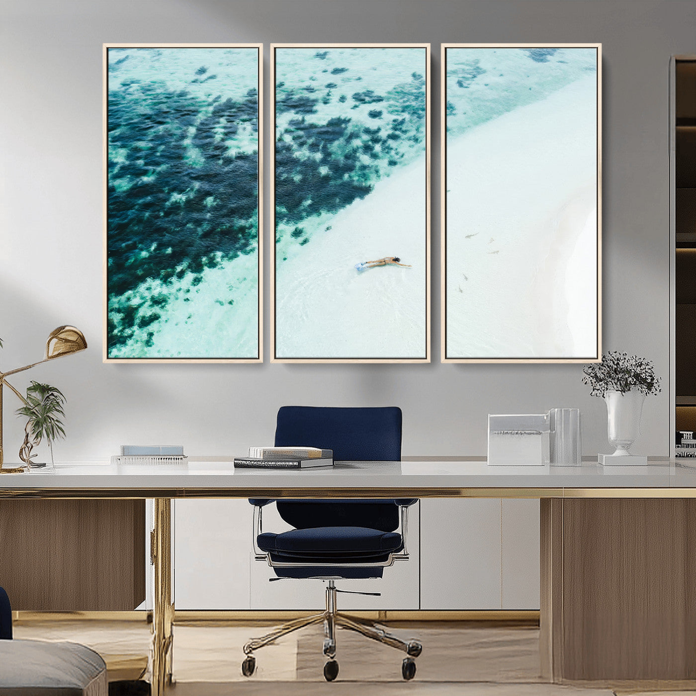 33764764-MGV-CV-36X24-Minimal Beach Wall Art Canvas Print, Framed Ocean Swimming Art Picture Print, Clear Ocean Perfect Minimal Coastal Decor Artwork