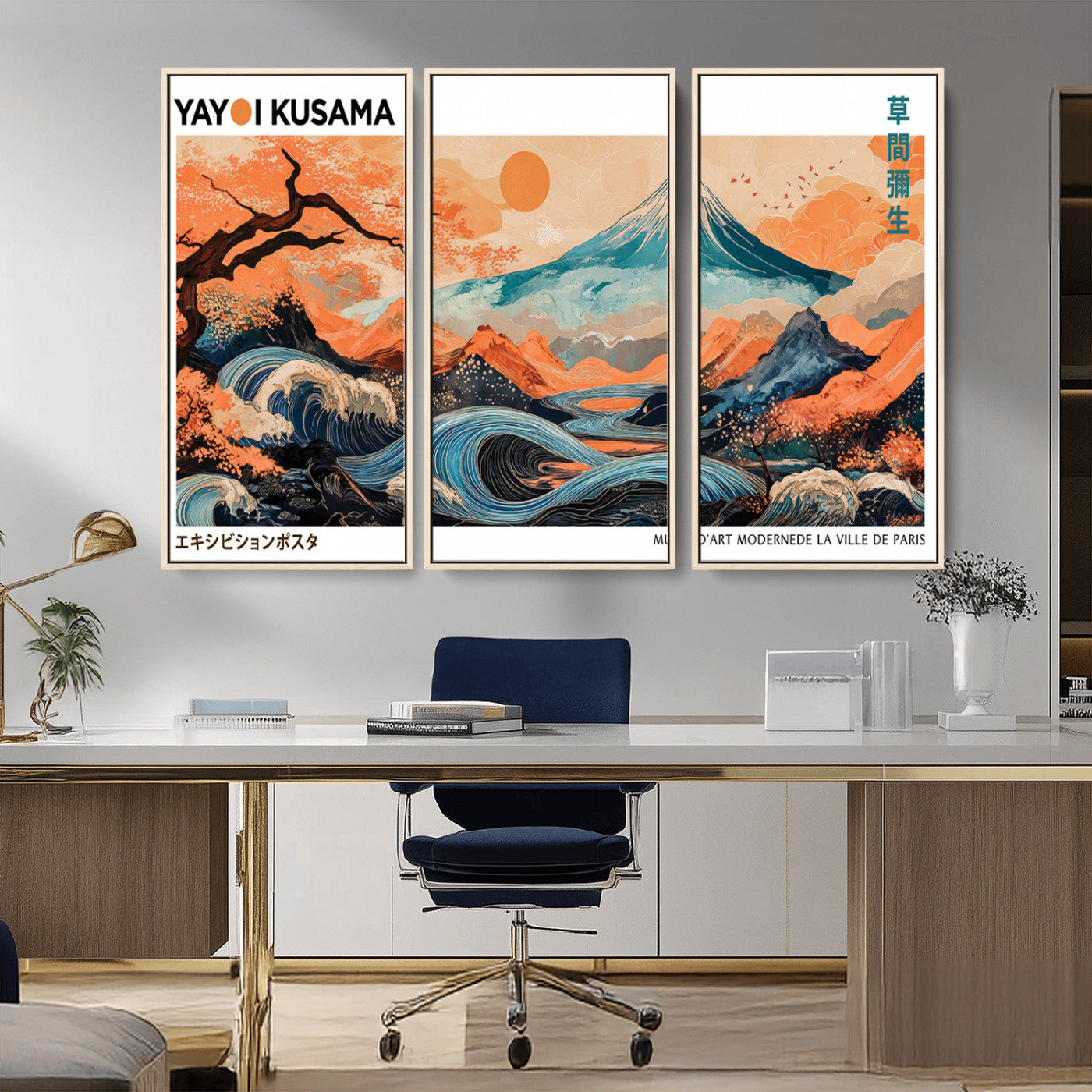 88785870-MGV-FC-48X32-3P_Natural-Japanese Great Wave & Mt Fuji Wall Art – Ukiyo e Style Landscape Print with Flowing River, Autumn Mountain Poster, Oriental Asian
