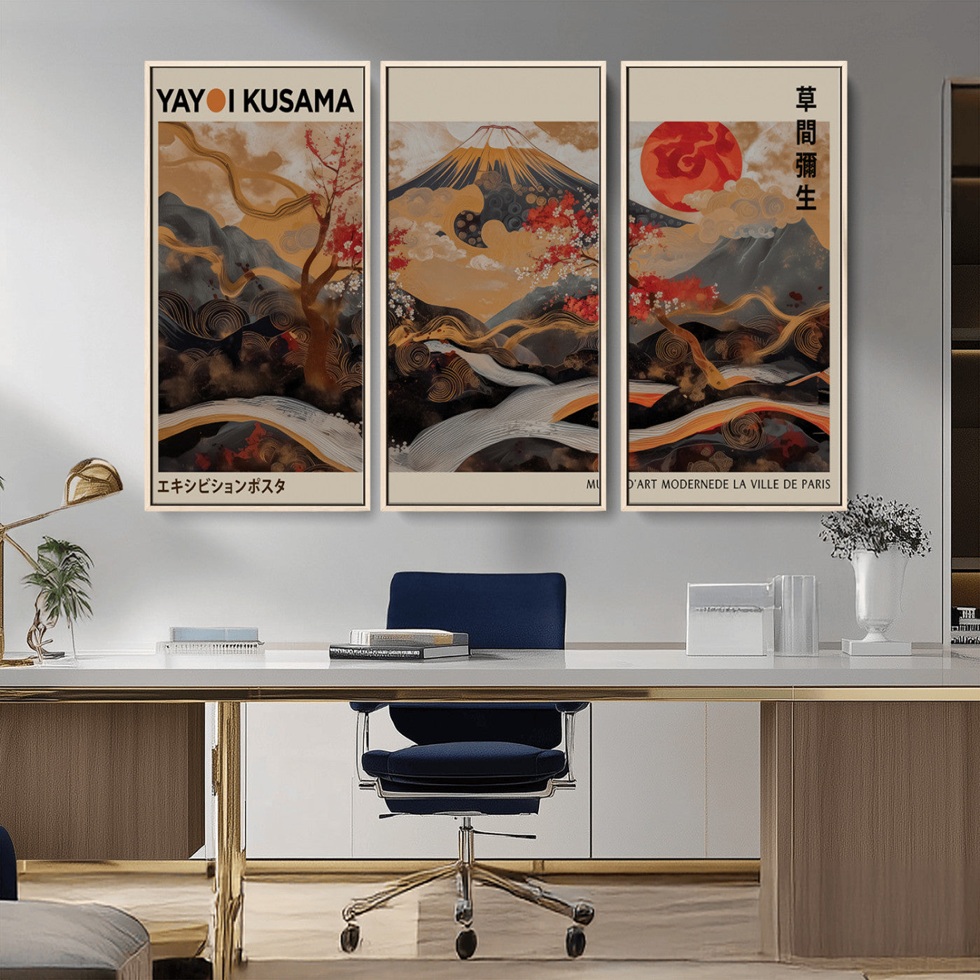 77970791-MGV-FC-48X32-3P_Natural-Mount Fuji Golden Abstract Wall Art – Japanese Landscape Canvas Poster, Cherry Blossom & Red Sun Painting, Elegant Zen Oriental