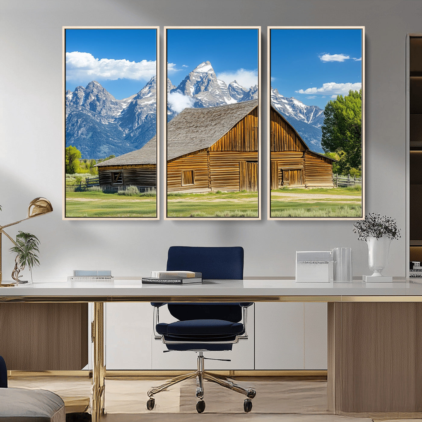 75948467-MGV-CV-36X24-Mountain Barn Scene Wall Art Canvas Print, Framed Rustic Farmhouse Style Art Picture Print, Country Cabin Decor Perfect Rustic