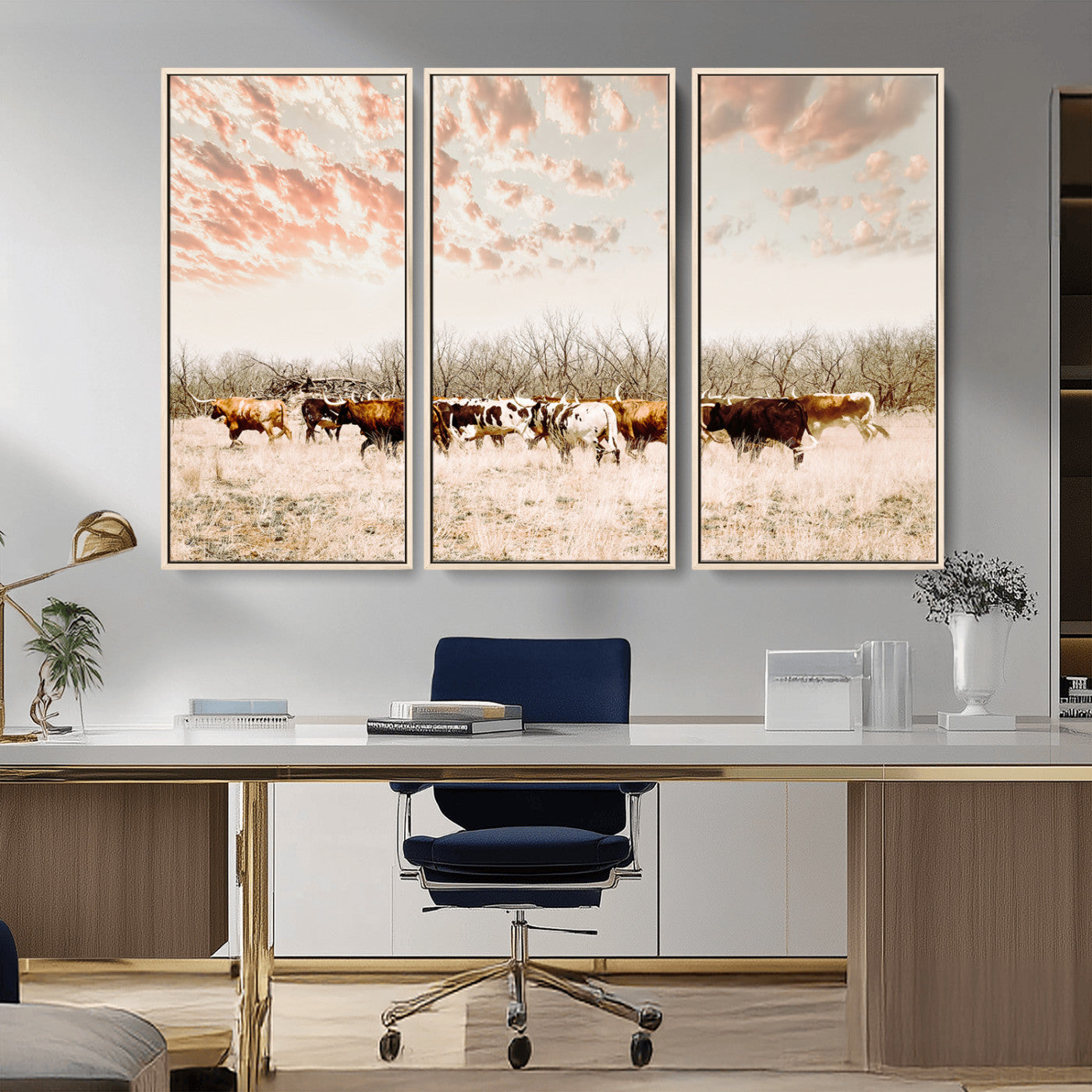 43704663-MGV-CV-36X24-Country Cow Herd Wall Art Canvas Print, Framed Farmhouse Cattle Scene Art Picture Print, Rustic Ranch Decor Perfect Rustic