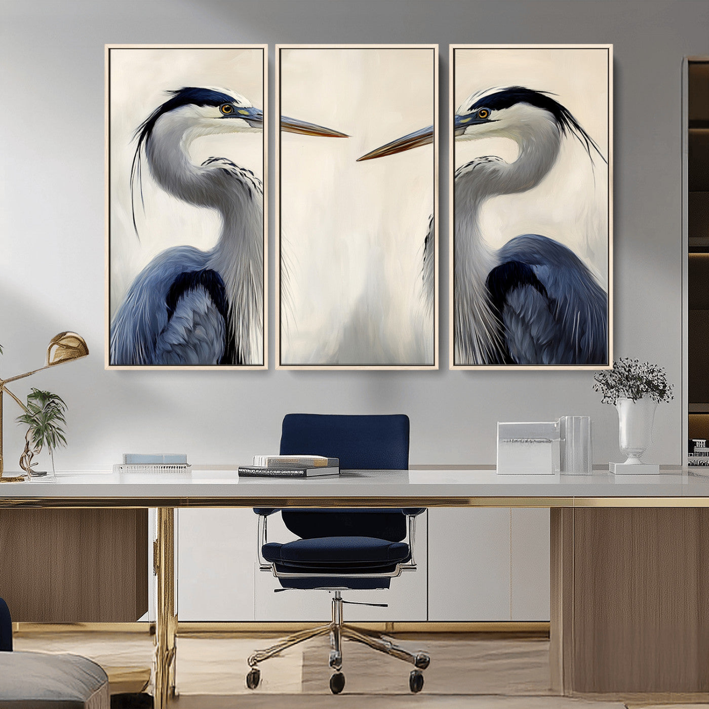 18230556-MGV-FC-48X32-3P_Natural-Blue Heron Pair Wall Art Canvas Print, Framed Coastal Bird Theme Art Picture Print, Tranquil Wildlife Scene Perfect Coastal