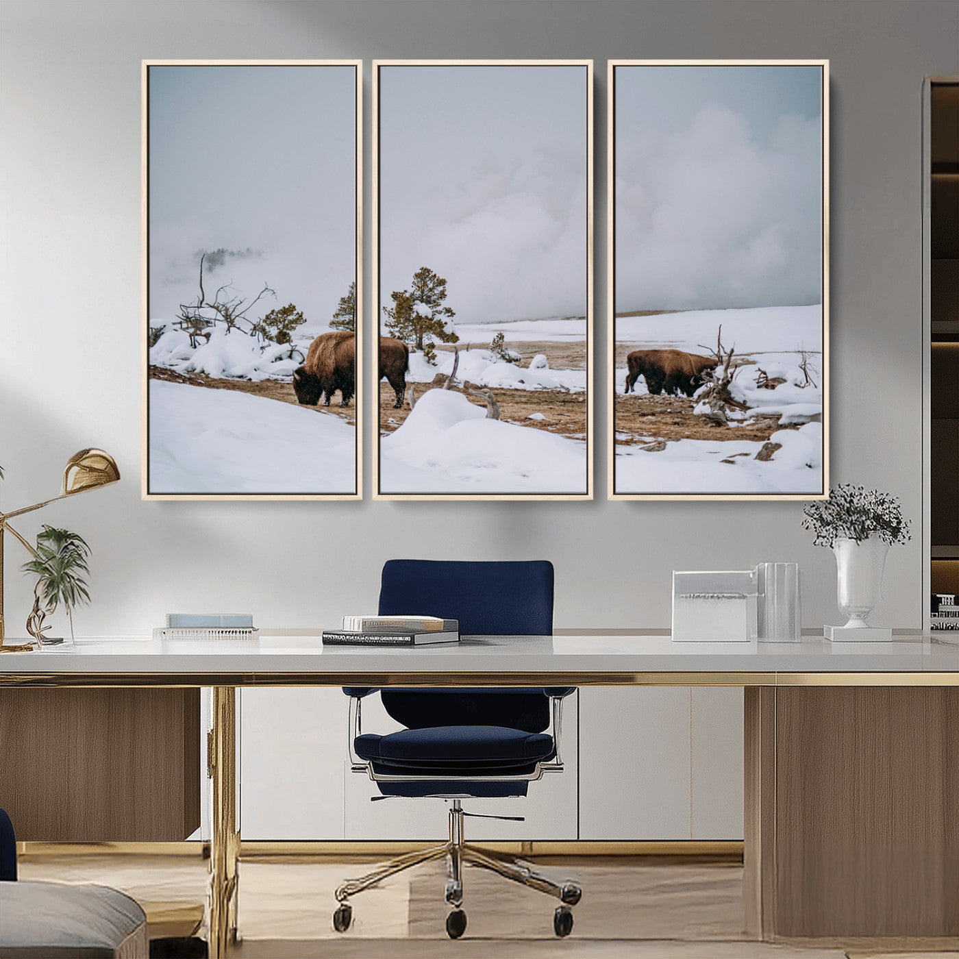 60308289-MGV-FC-48X32-3P_Natural-Bison Wildlife Wall Art Canvas Print, Framed Snowy Prairie Art Picture Print, Western Landscape Perfect Rustic Winter Decor