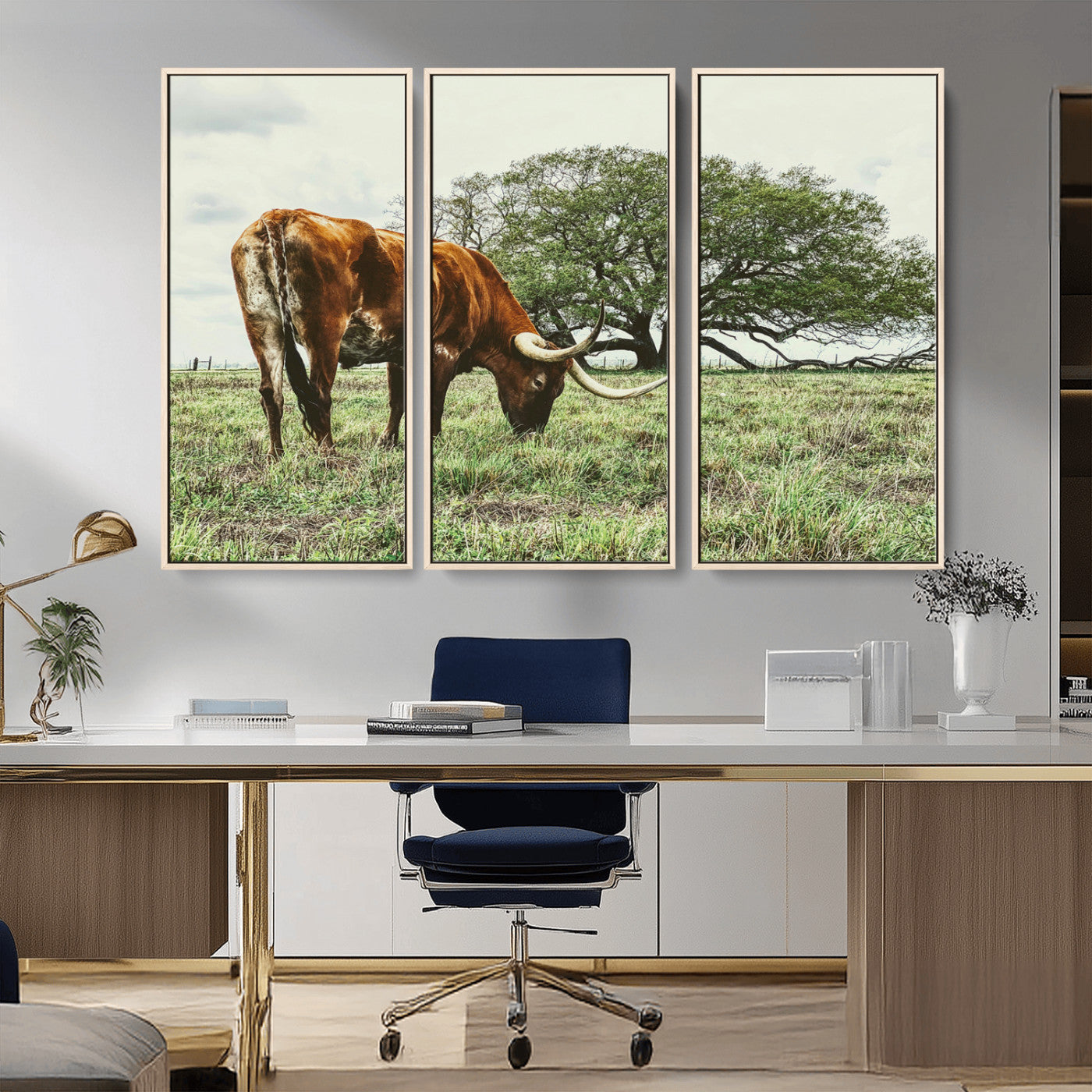91866234-MGV-FC-48X32-3P_Natural-Texas Longhorn Wall Art Canvas Print, Framed Rustic Ranch Art Picture Print, Western Cattle Perfect Rustic Farmhouse Decor Artwork